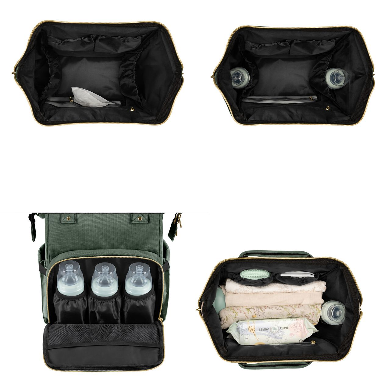 Vier Ansichten einer grünen Wickeltasche mit schwarzen Innenfächern, gefüllt mit Babyflaschen und Zubehör.