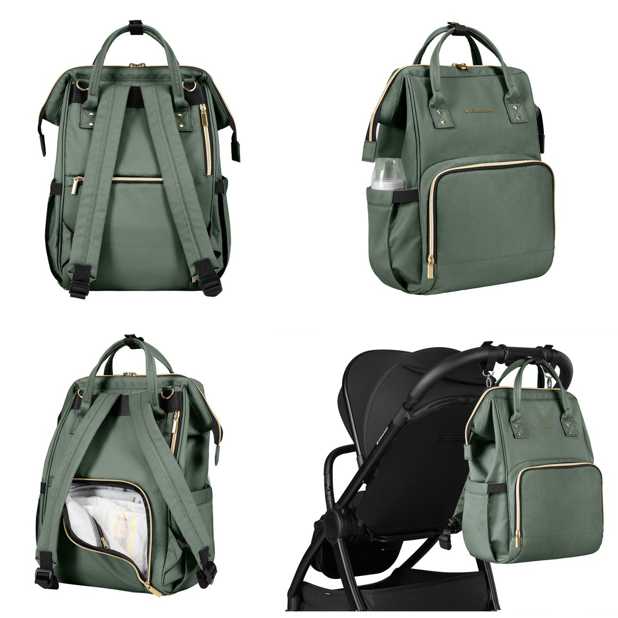 Vier Ansichten eines olivgrünen Wickelrucksacks mit Reißverschlüssen, gezeigt auch an einem Kinderwagen.