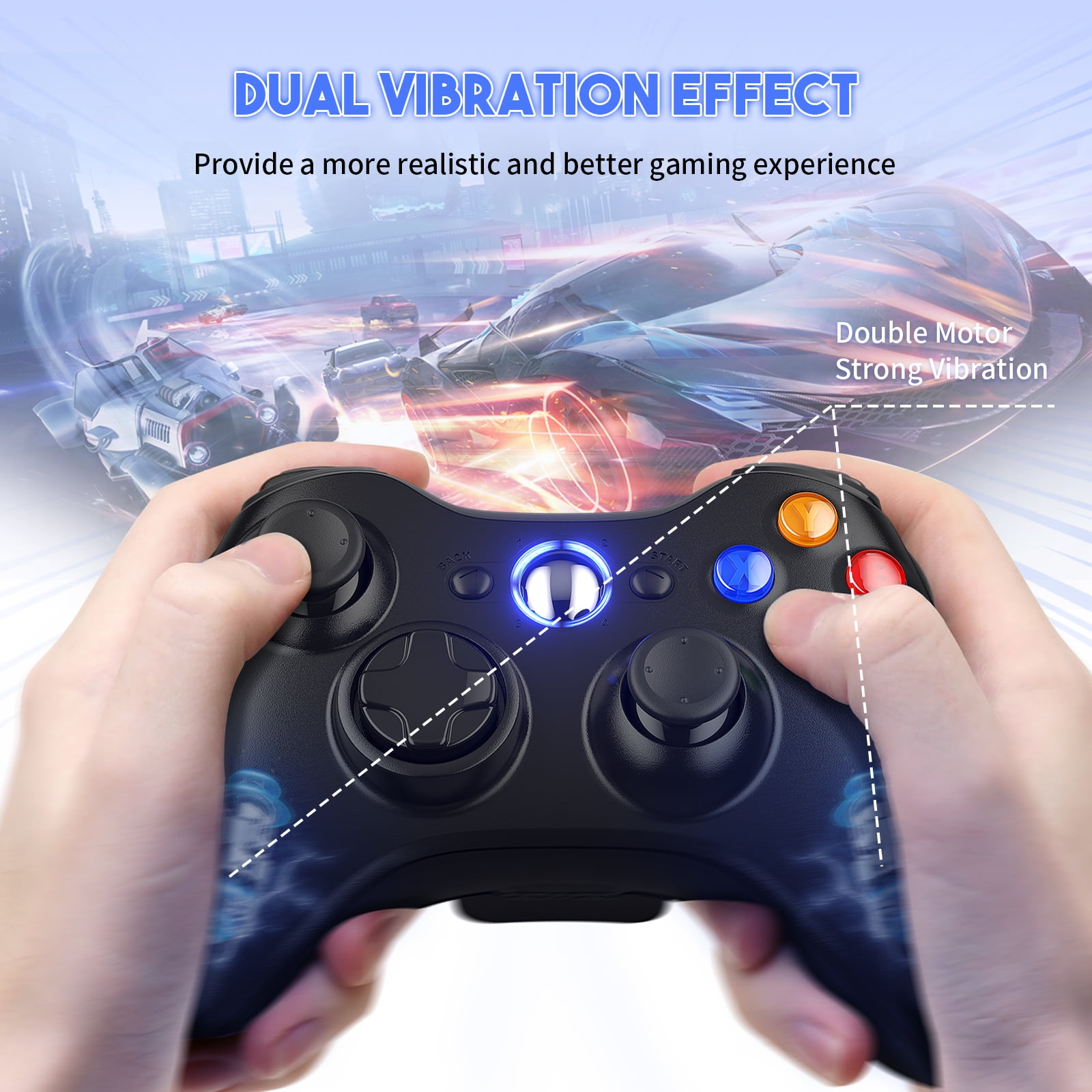 Hände halten einen schwarzen Controller mit doppeltem Vibrationseffekt vor einem Rennspiel-Hintergrund.