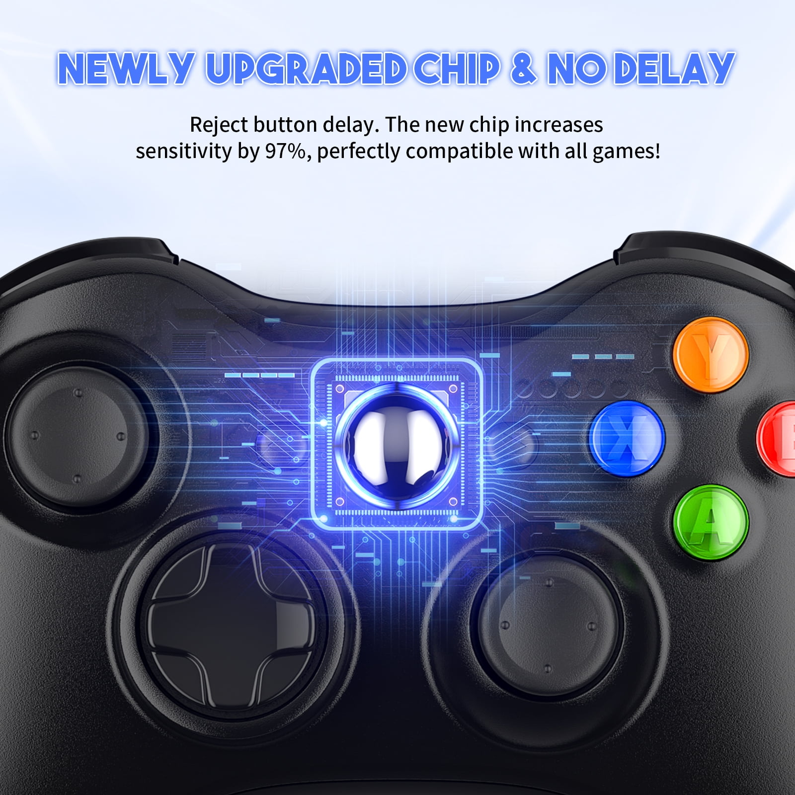 Ein schwarzer Gamecontroller mit einer leuchtend blauen Chip-Grafik und bunten Aktionsknöpfen.