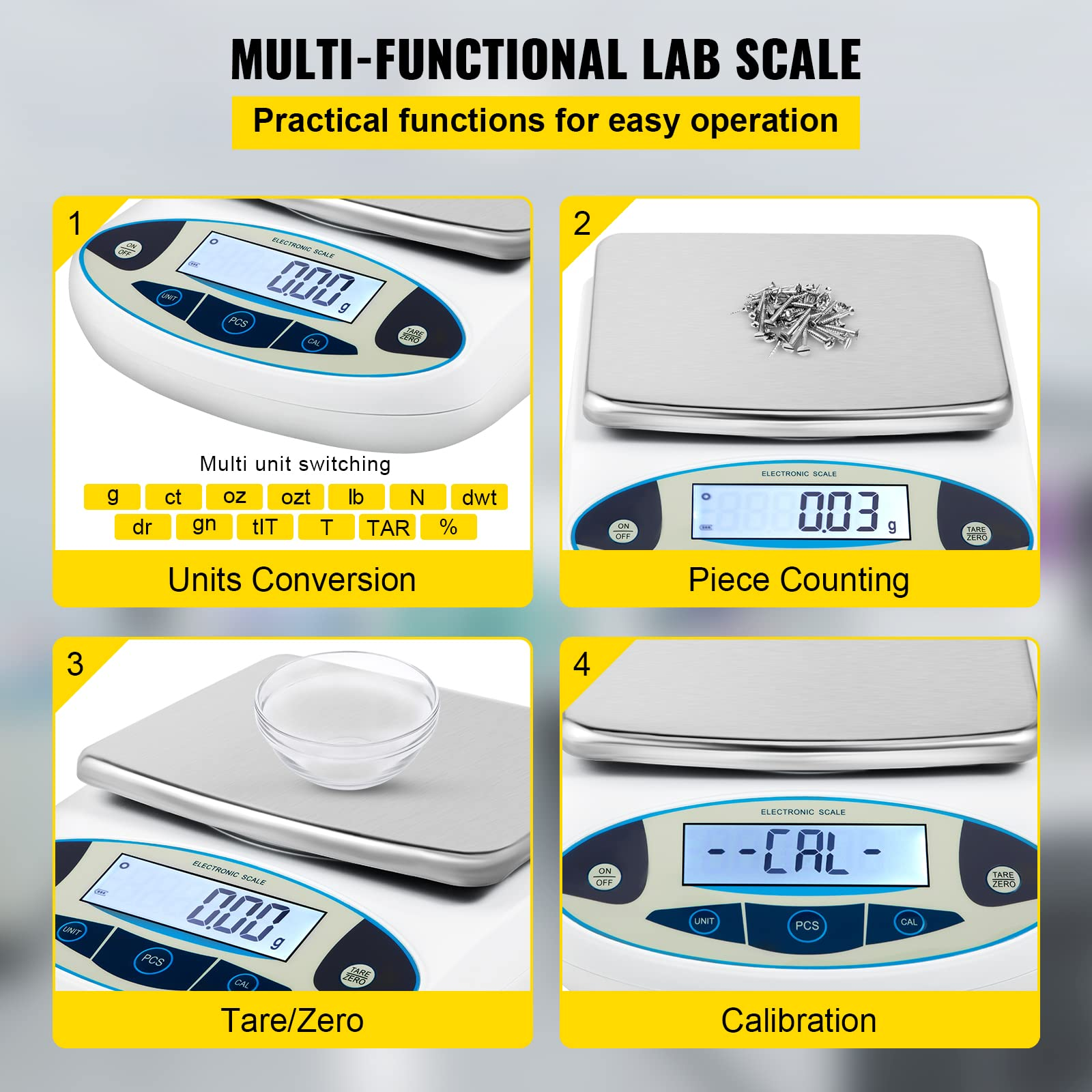 Una bilancia da laboratorio multifunzionale con quattro pannelli per unità, conteggio e tara.