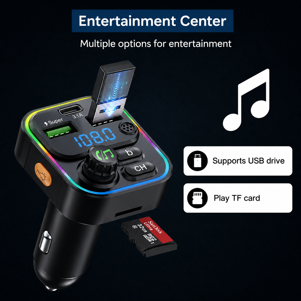 ELCOSTAR USB-A & USB-C Transmetteur FM
