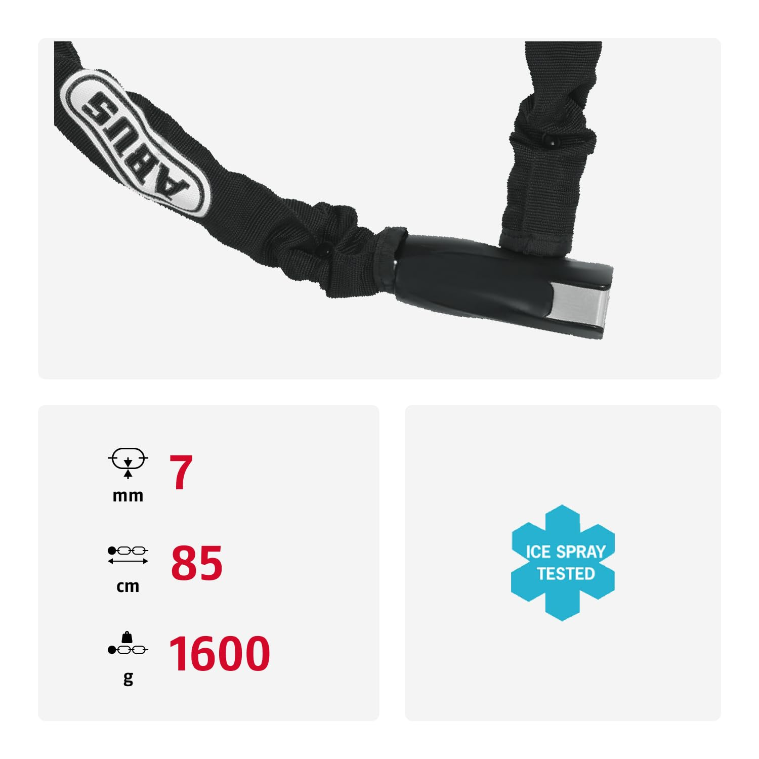 Antivol de chaîne de vélo ABUS noir, 7 mm d'épaisseur, 85 cm de long, poids 1600 g, testé au spray glacé.