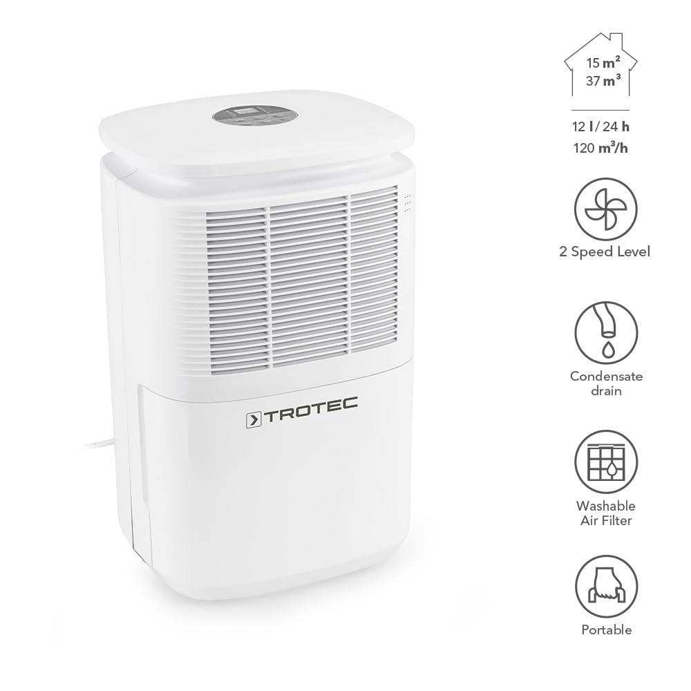 Deumidificatore Trotec bianco con caratteristiche come 12 l/24 h, due velocità e scarico condensa.
