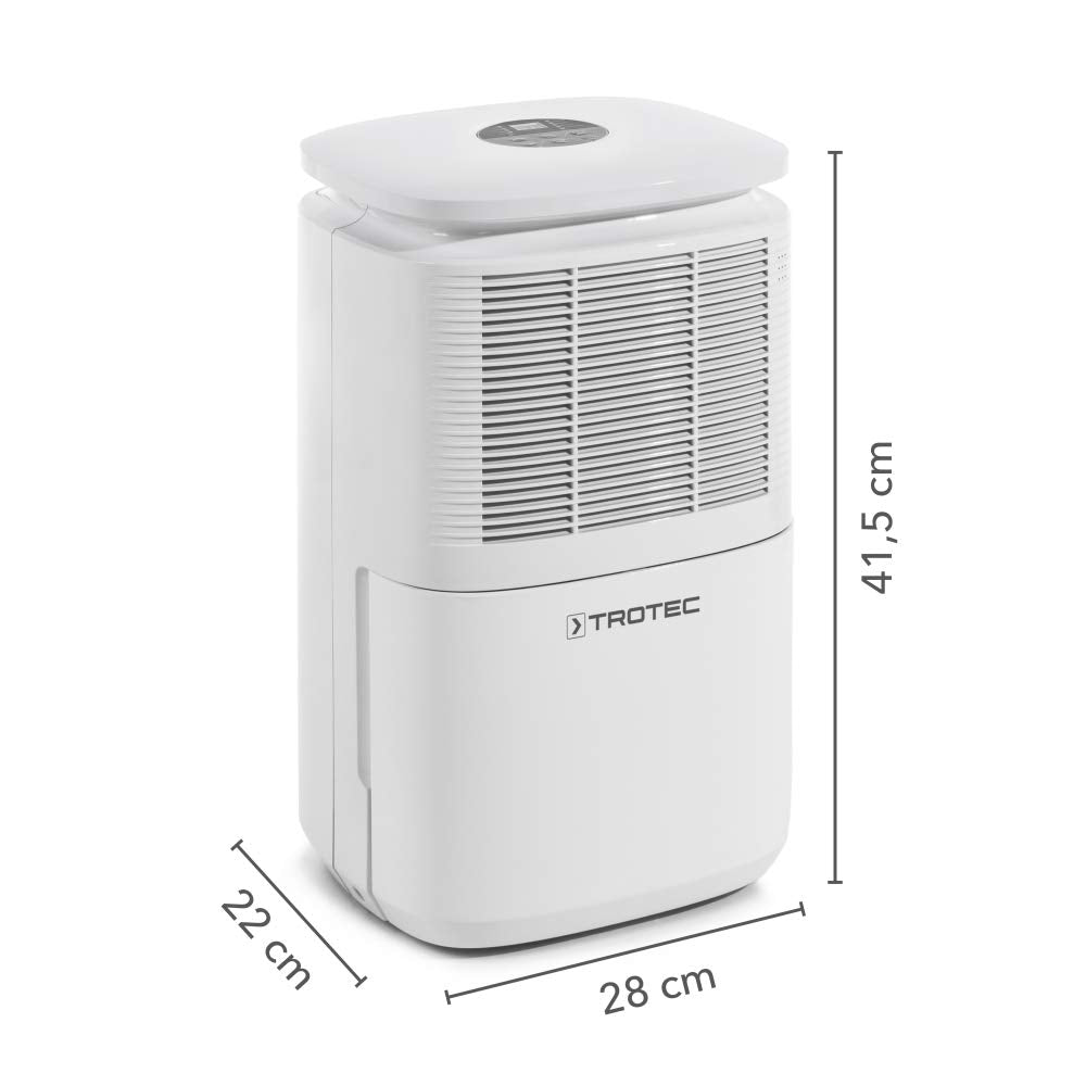 Deumidificatore Trotec bianco con dimensioni di 41,5 x 28 x 22 cm su sfondo bianco.