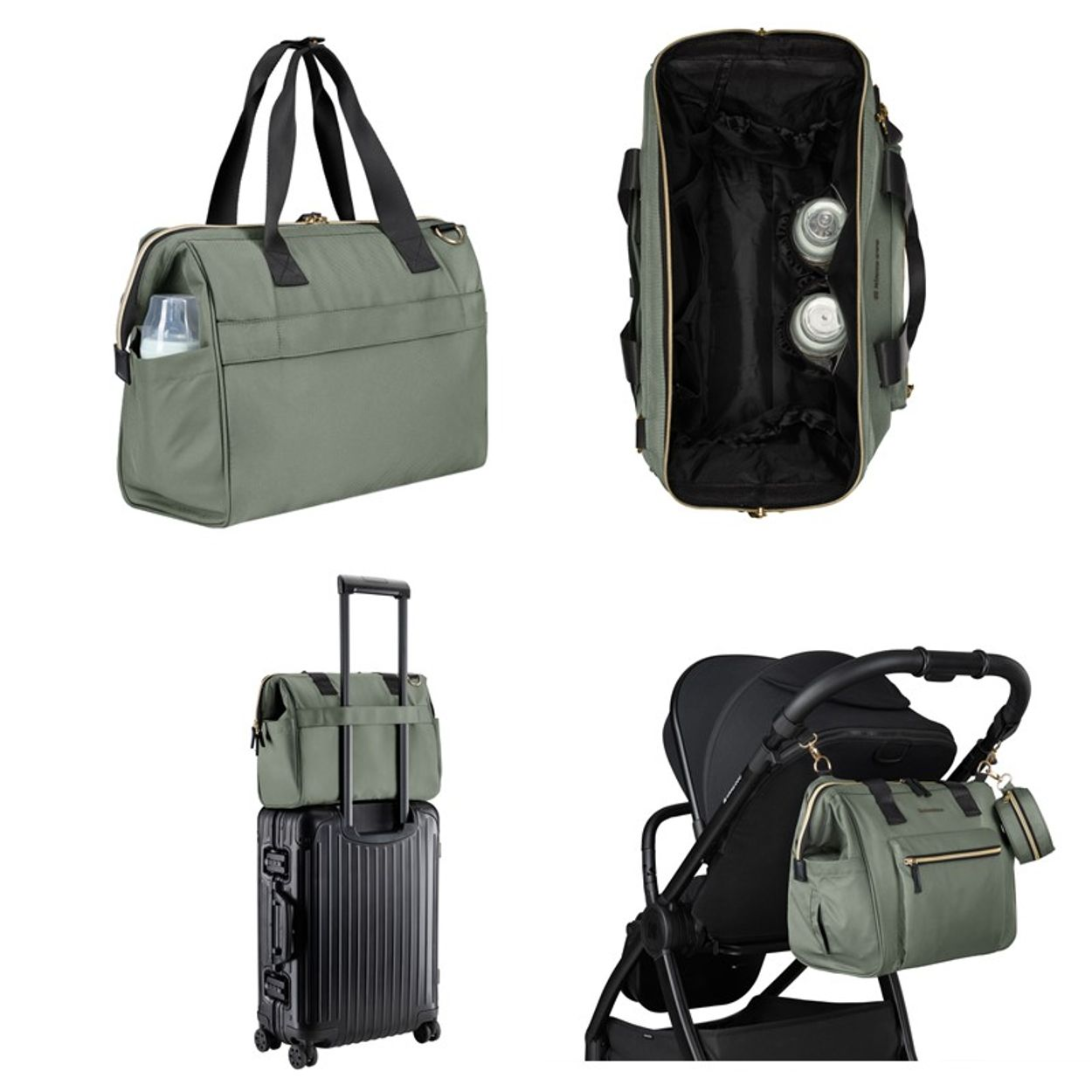 Grüne Wickeltasche mit schwarzen Griffen, Flaschenhalter und Aufhängung für Koffer und Kinderwagen.