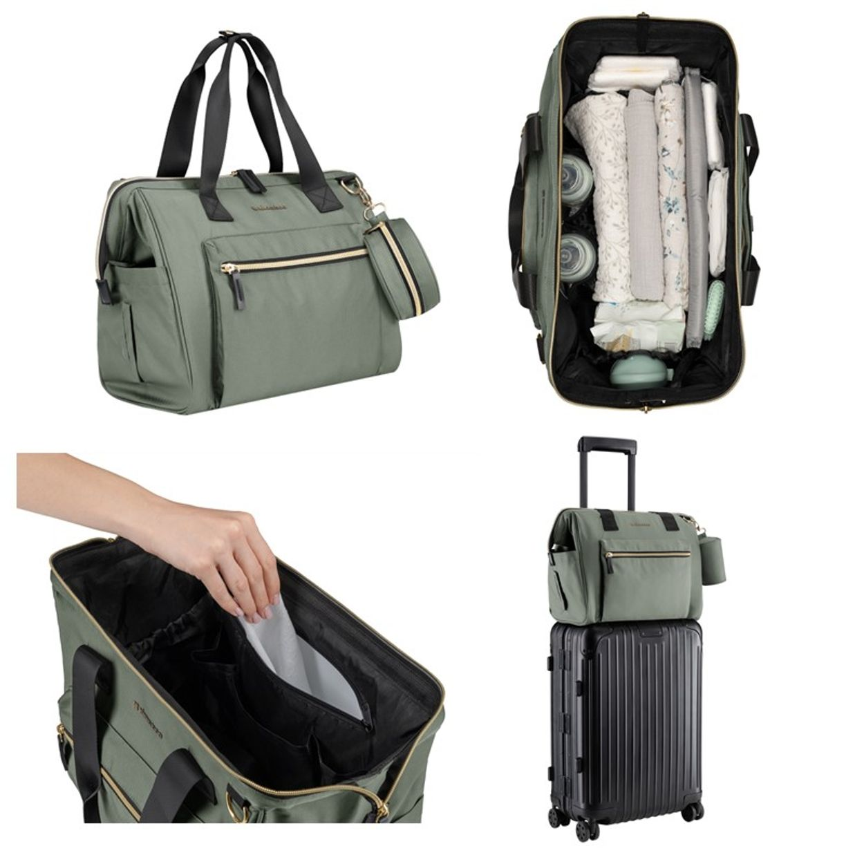 Eine grüne Wickeltasche mit schwarzen Griffen, organisiertem Innenraum und auf einem Koffer.
