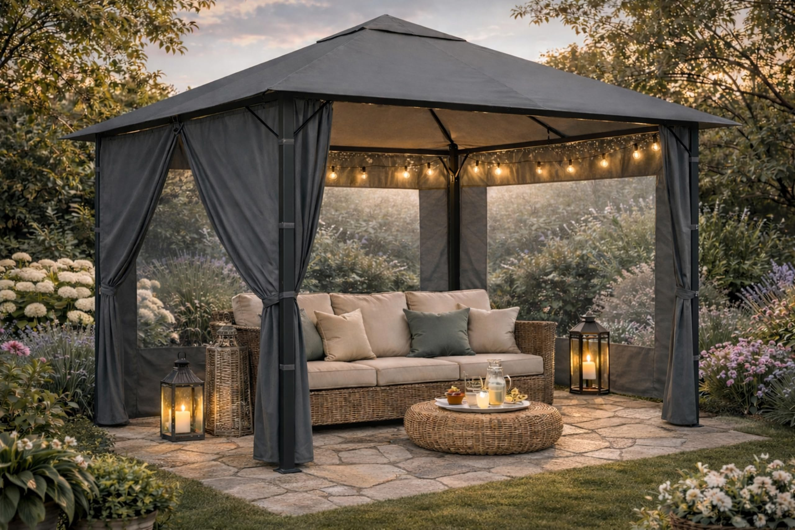 Beleuchteter Pavillon mit Rattansofa und Tisch auf Steinterrasse im Garten bei Dämmerung.