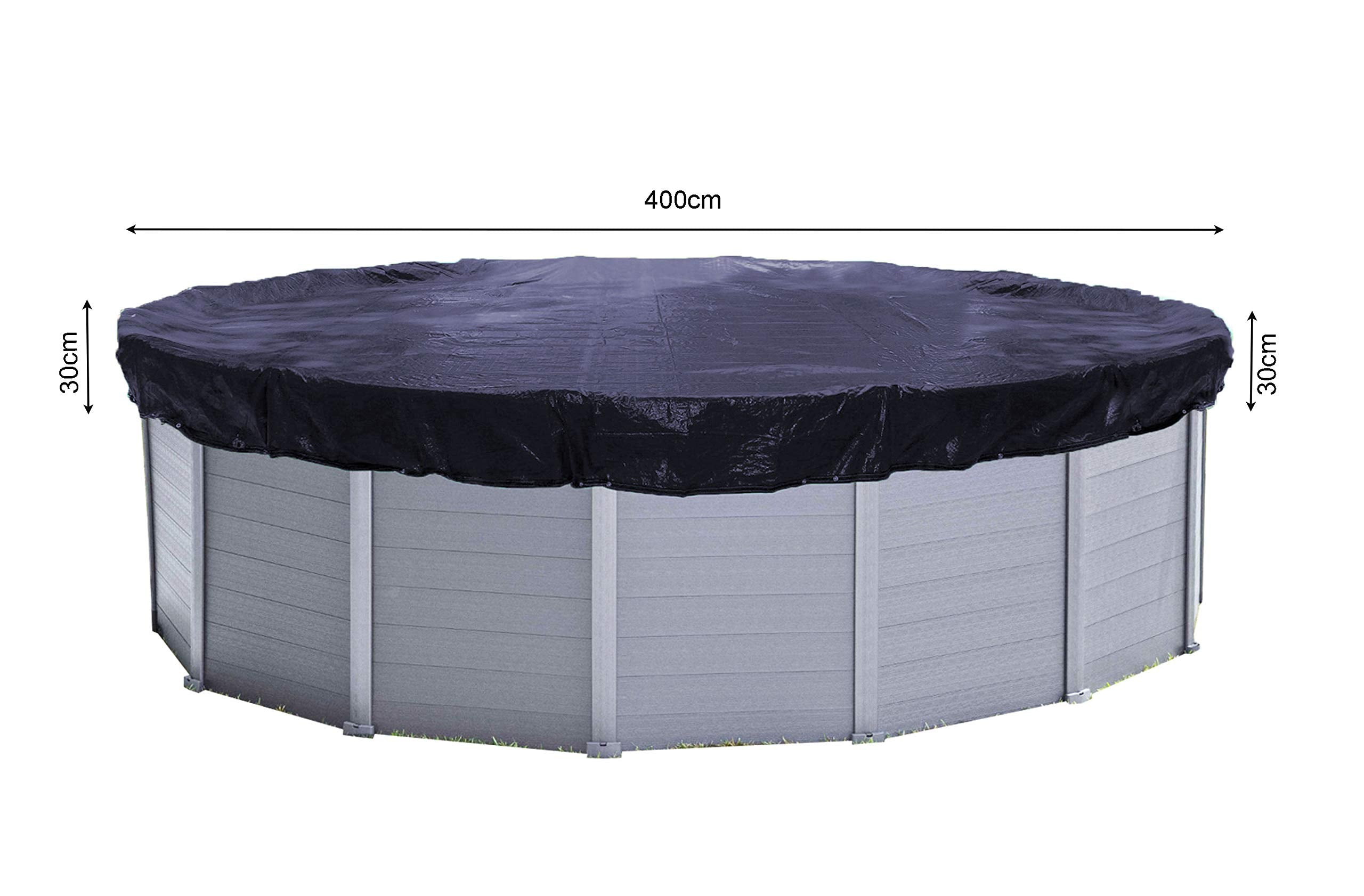 Runder grauer Pool mit schwarzer Abdeckung, Durchmesser 400cm, Höhe 30cm.