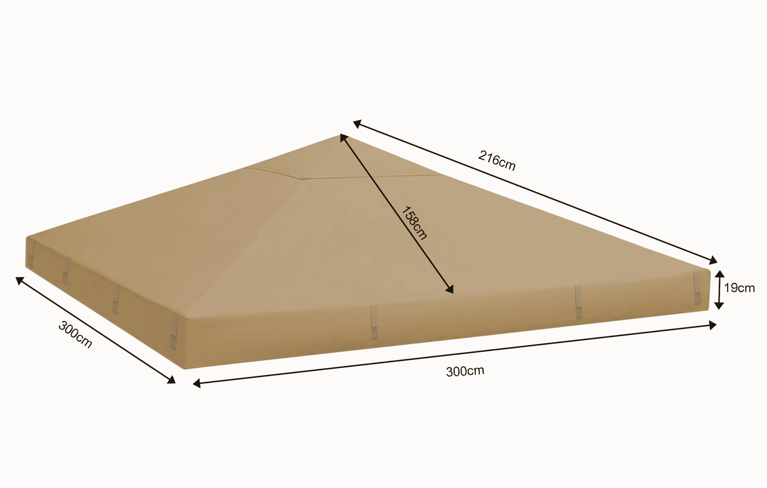 Beiges Pavillondach mit Maßen 300x300x19 cm und weiteren Bemaßungen.