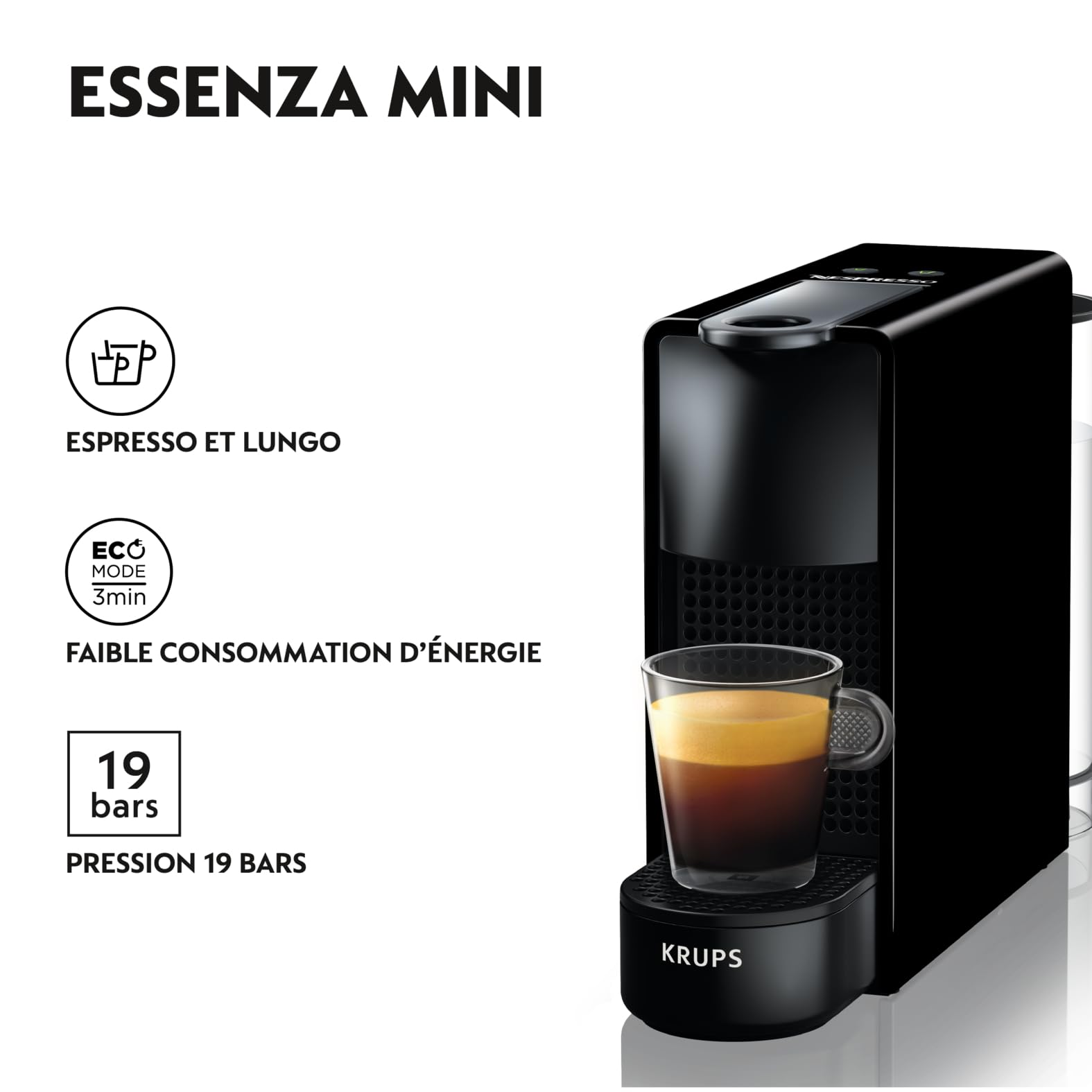 Eine schwarze Krups Essenza Mini Kaffeemaschine mit Espressoglas, Funktionssymbolen links und Text.