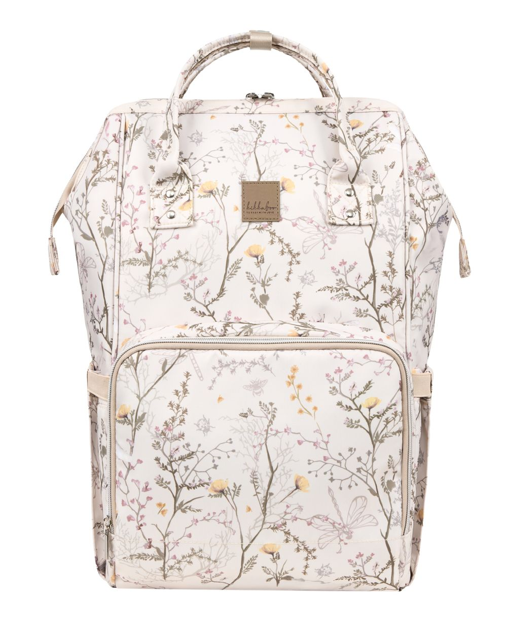Beige Rucksack mit einem zarten Blumenmuster in Gelb und Rosa sowie Tragegriffen.
