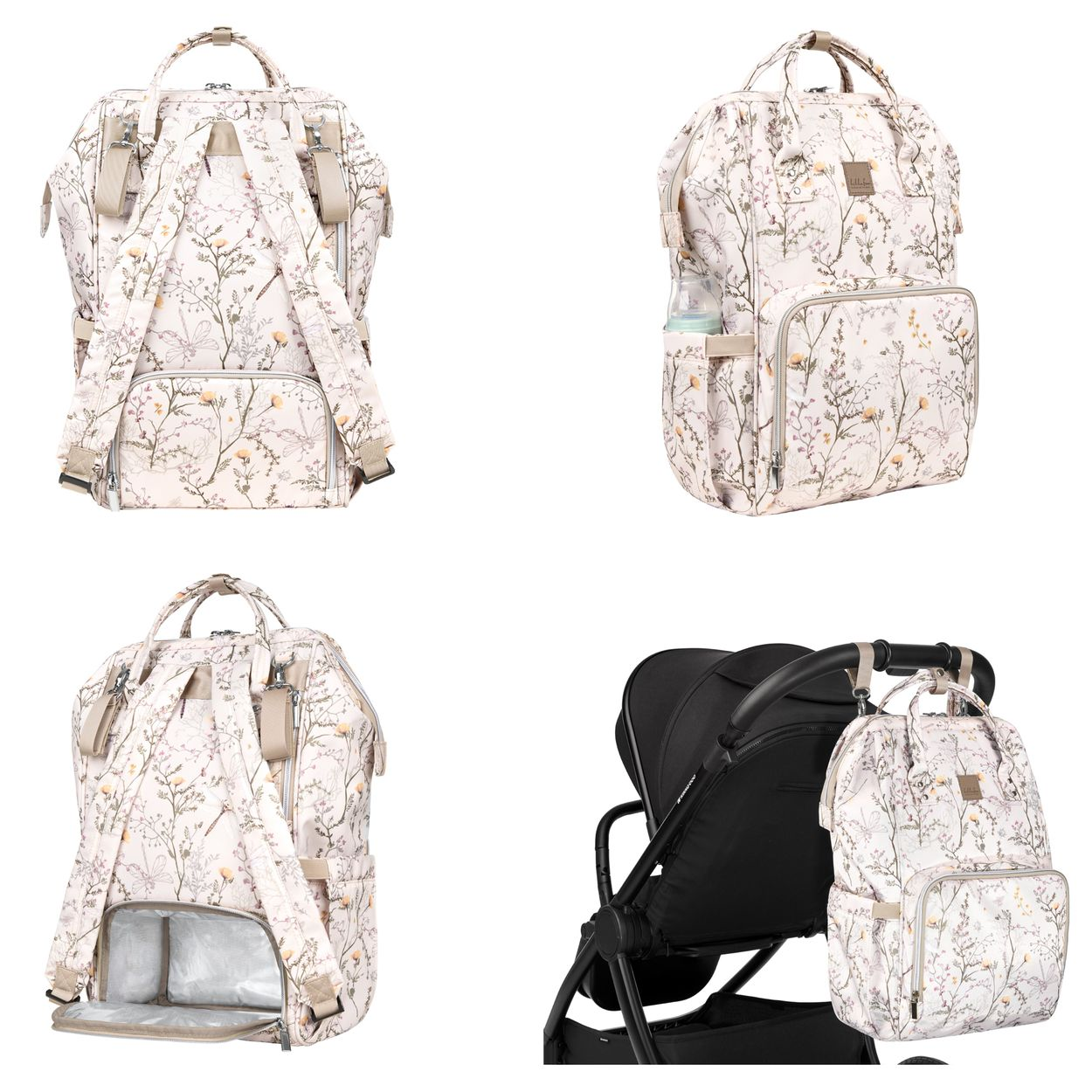 Ein Wickelrucksack mit Blumenmuster aus verschiedenen Blickwinkeln, an einem Kinderwagen befestigt.