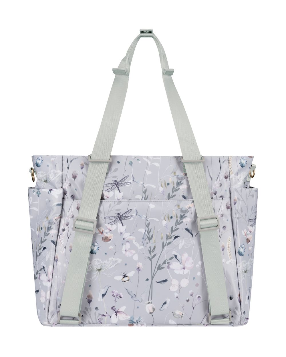 Ein grauer Wickelrucksack mit zartem Blumen- und Libellenmuster und hellgrünen Trägern.