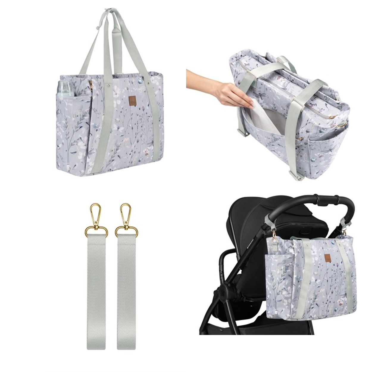Eine graue Wickeltasche mit Blumenmuster, Gurten und Taschen, gezeigt mit Zubehör und am Kinderwagen.
