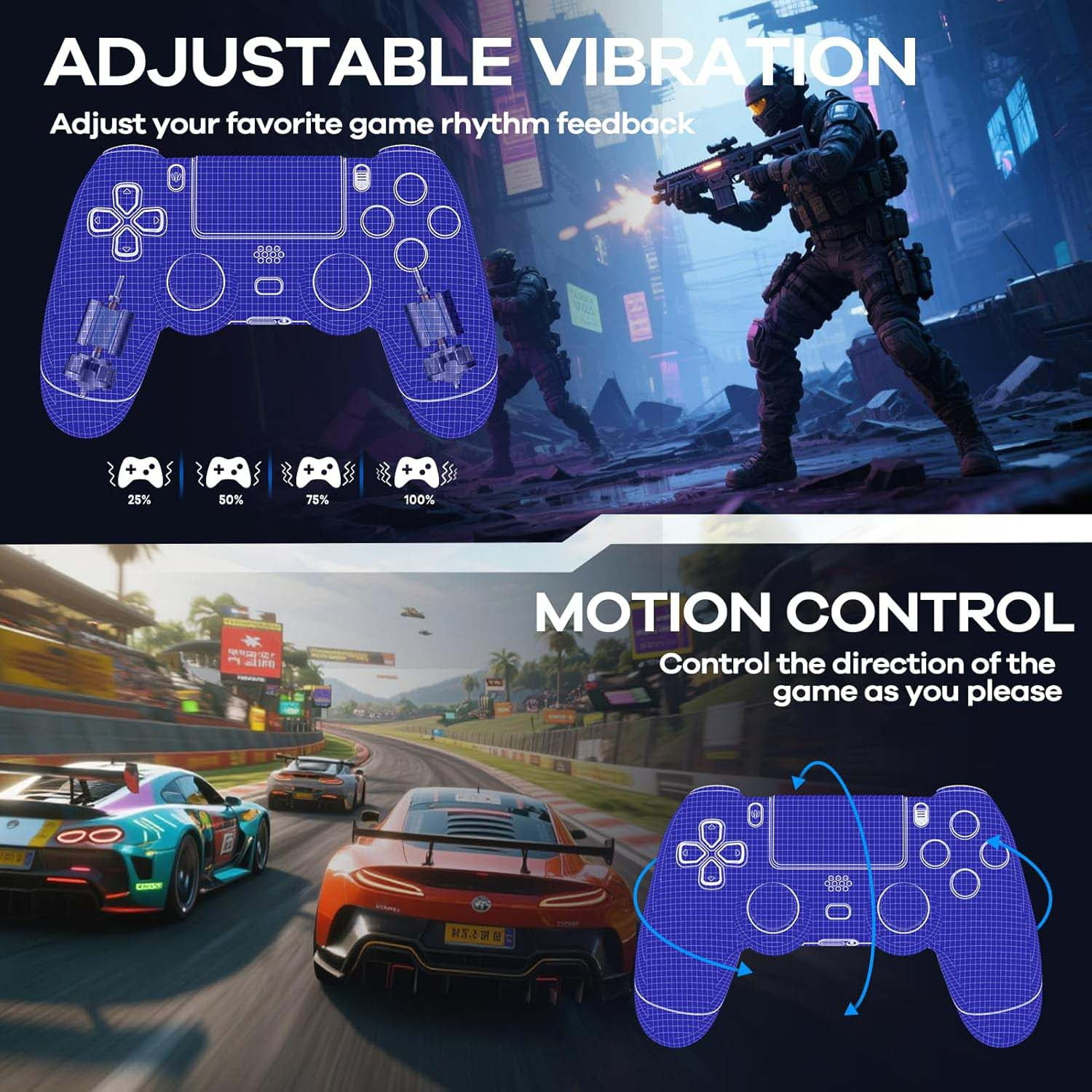 Gaming-Werbung zeigt Controller mit einstellbarer Vibration und Bewegungserkennung über Videospielszenen.