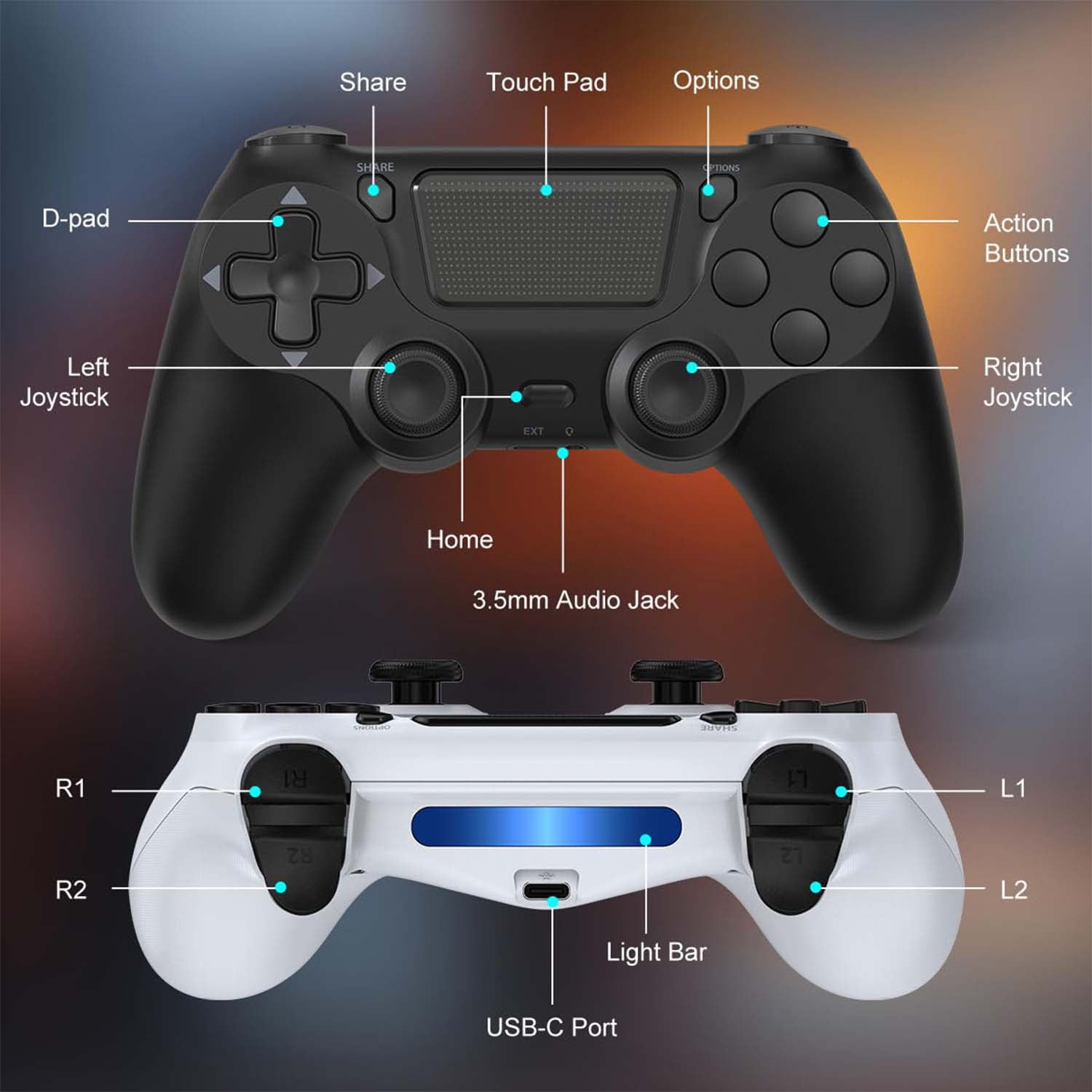 Beschriftetes Diagramm eines Gamepads mit Erklärungen für Tasten, Joysticks und Anschlüsse.