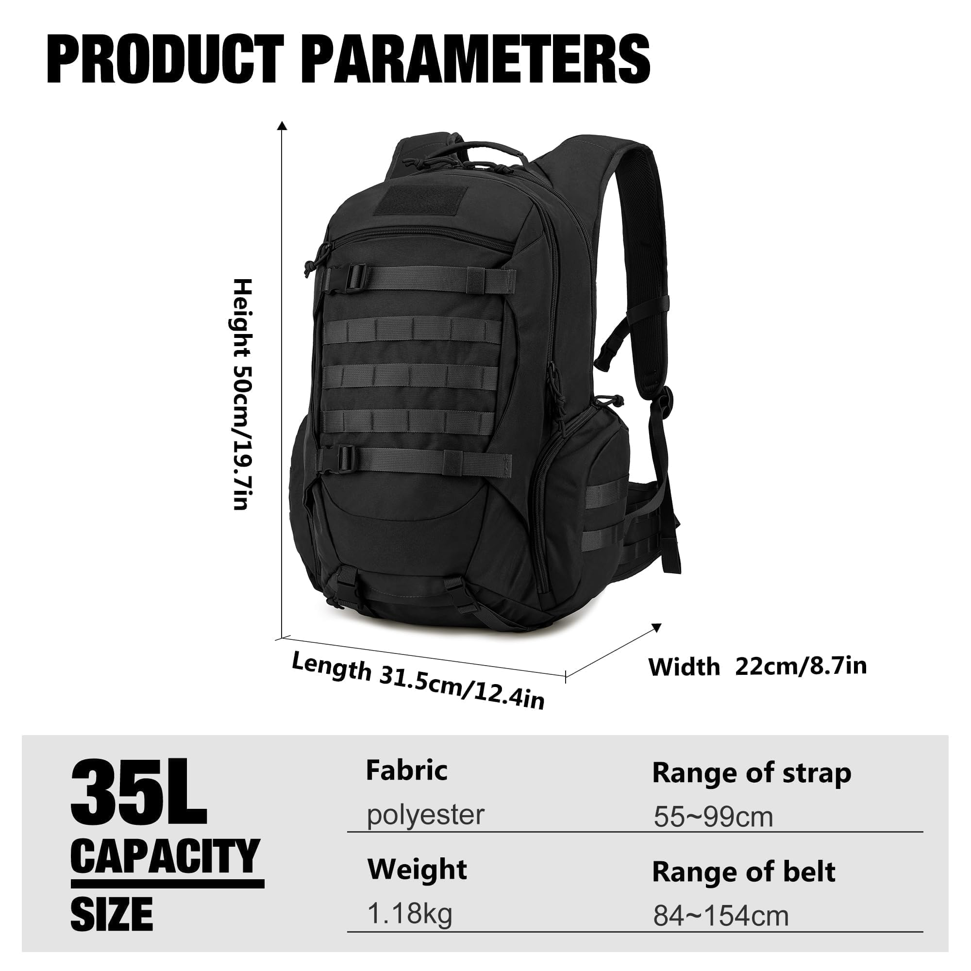 Schwarzer 35L Rucksack mit Maßen, Stoff, Gewicht und Gurtangaben.