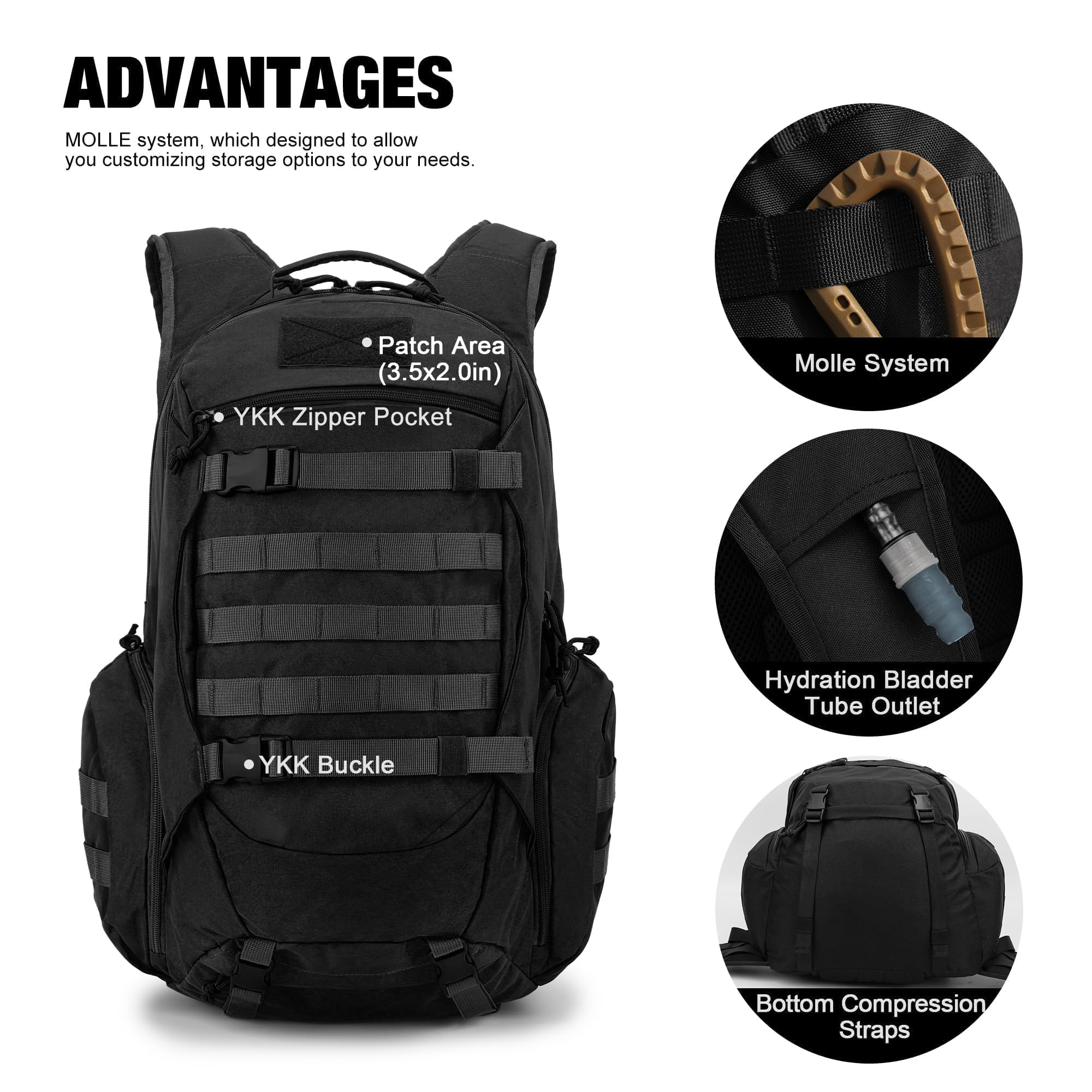 Ein schwarzer taktischer Rucksack mit Beschriftungen für MOLLE-System, YKK-Reißverschlüsse und Schnalle.