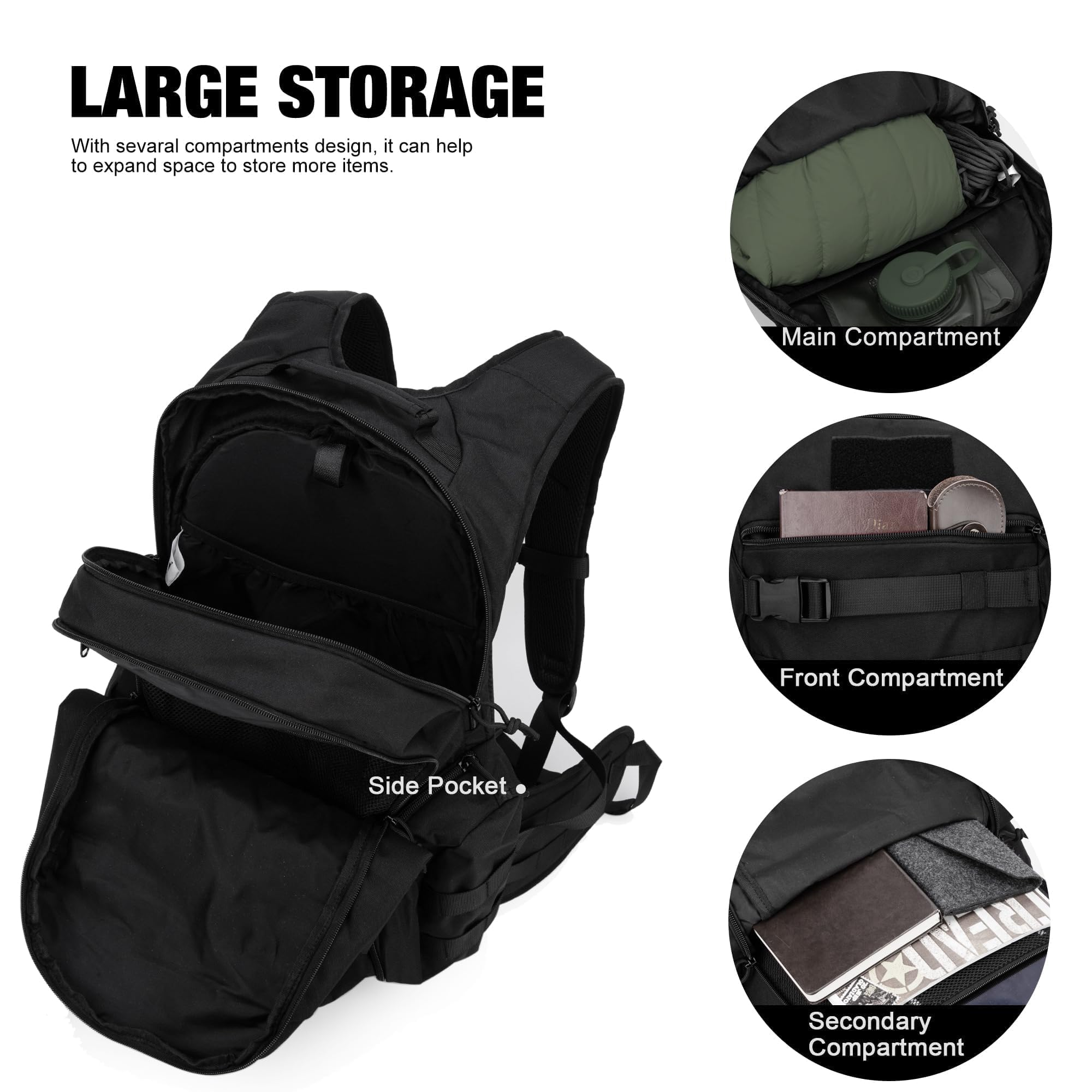Schwarzer Rucksack mit großen Stauräumen und mehreren geöffneten Fächern mit Taschen und Gegenständen.