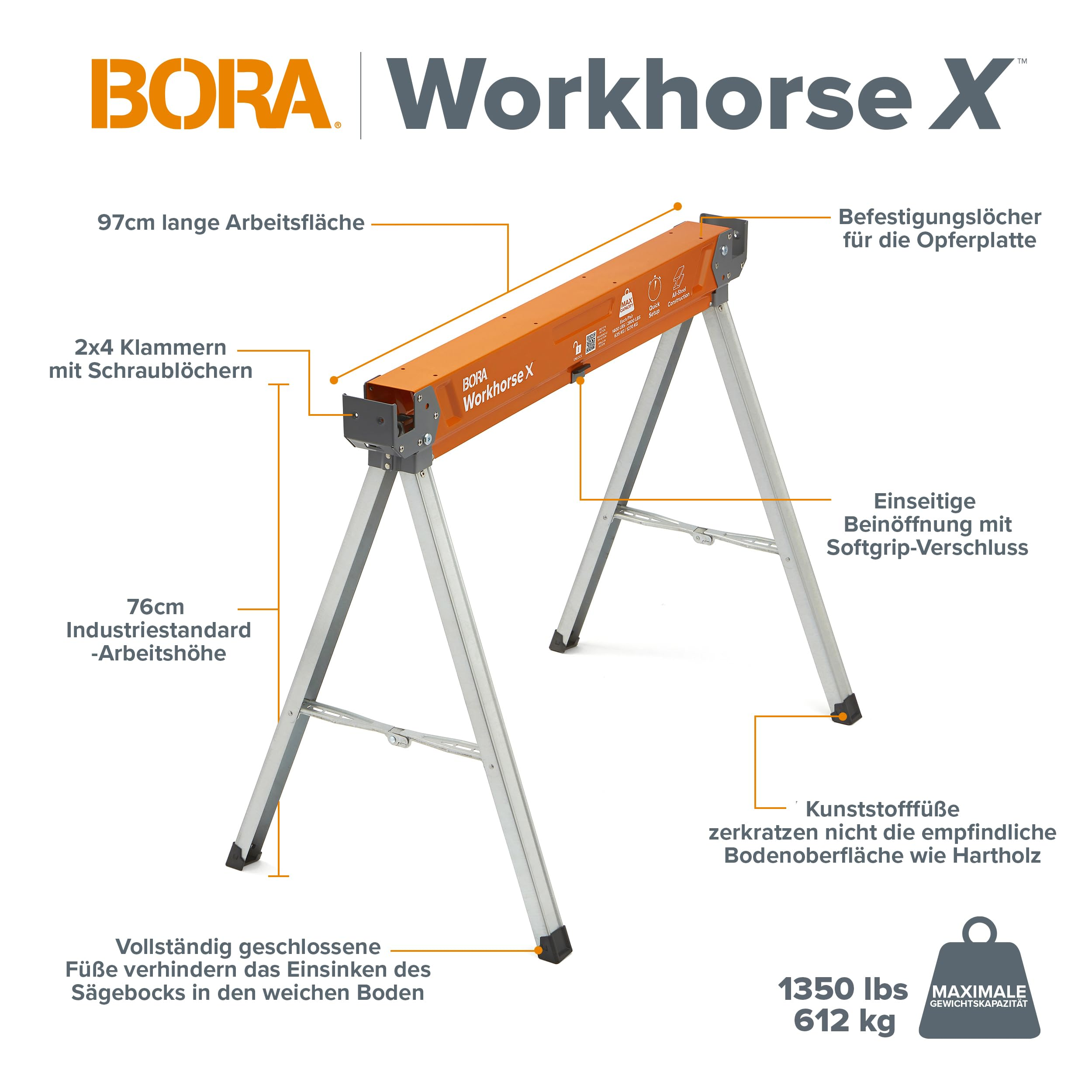 Bora Workhorse X Sägebock mit orangem Balken und grauen Metallbeinen, inklusive technischer Merkmale auf Deutsch.