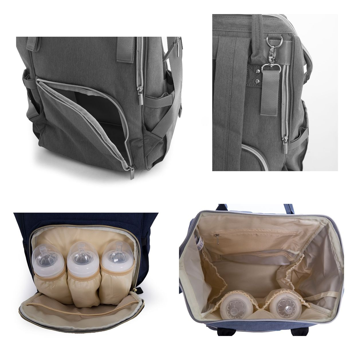 Vier Bilder eines grauen und blauen Wickelrucksacks mit Reißverschlusstaschen und Flaschenhaltern.
