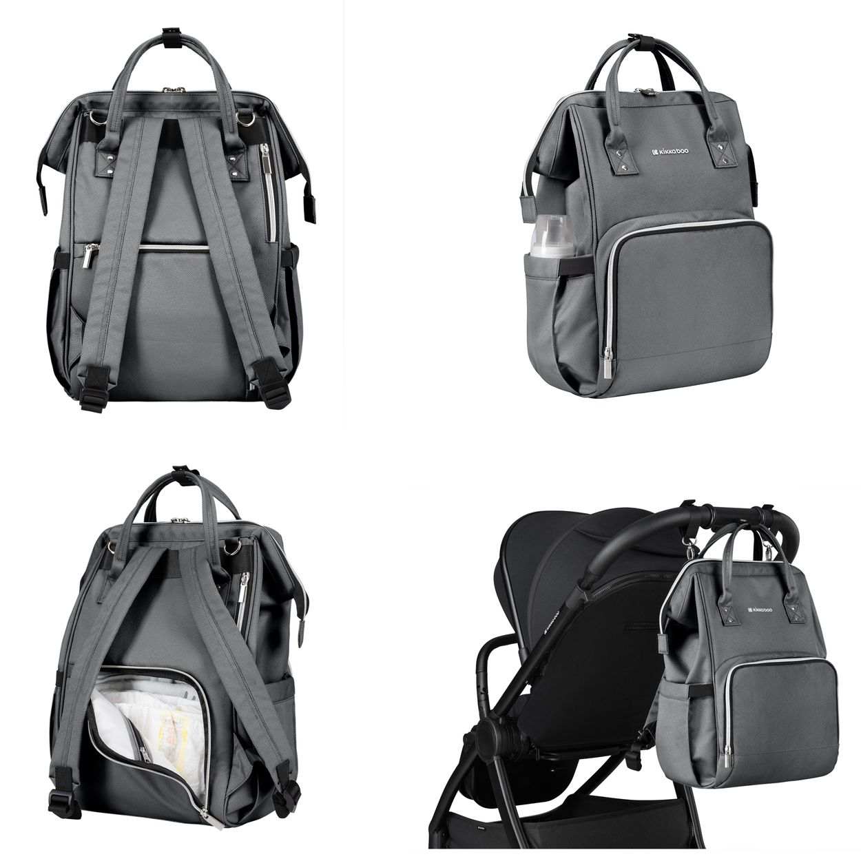 Ein grauer Multifunktions-Wickelrucksack aus verschiedenen Blickwinkeln und am Kinderwagen befestigt.