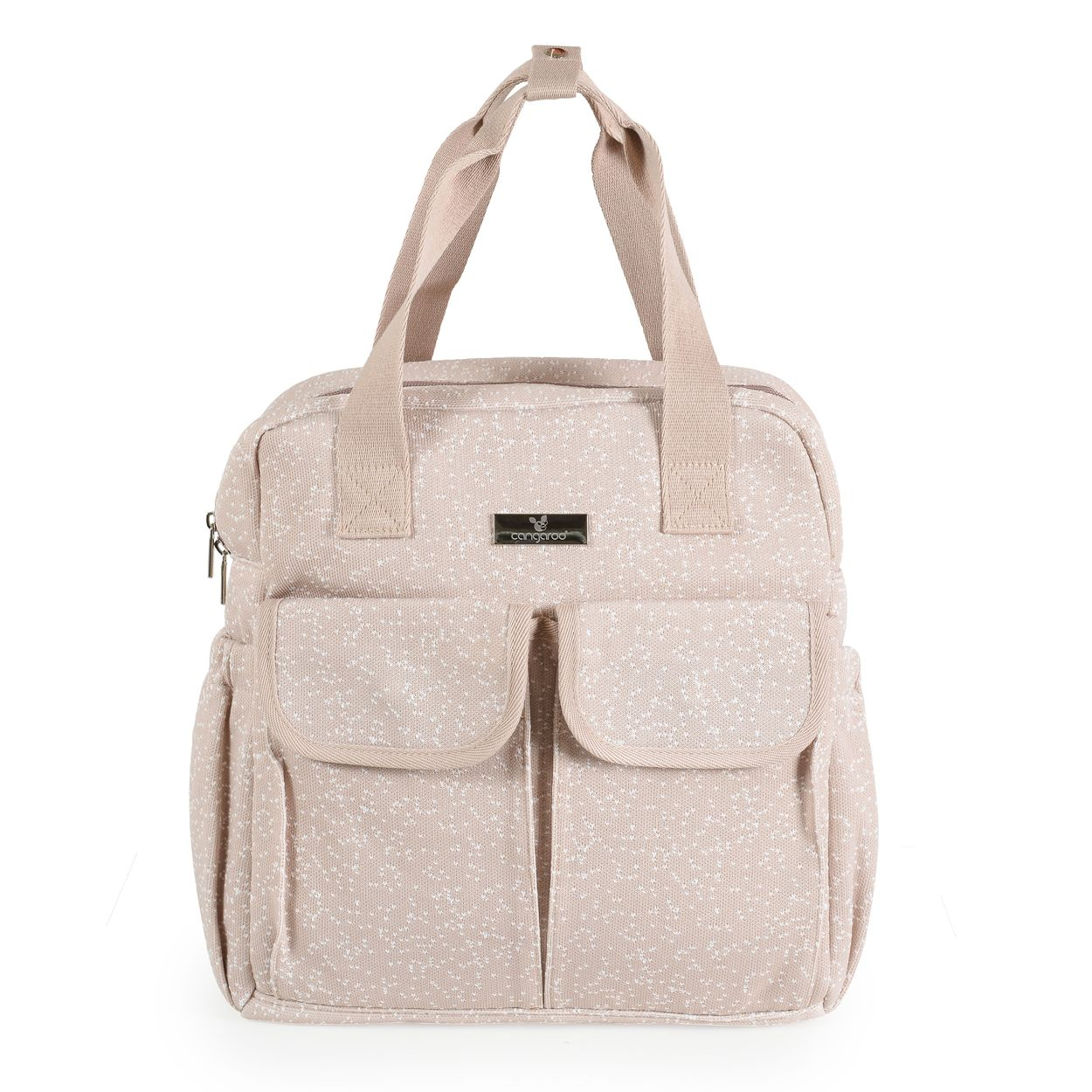 Beige Wickeltasche mit weißem Muster, zwei Fronttaschen und stabilen Henkeln.