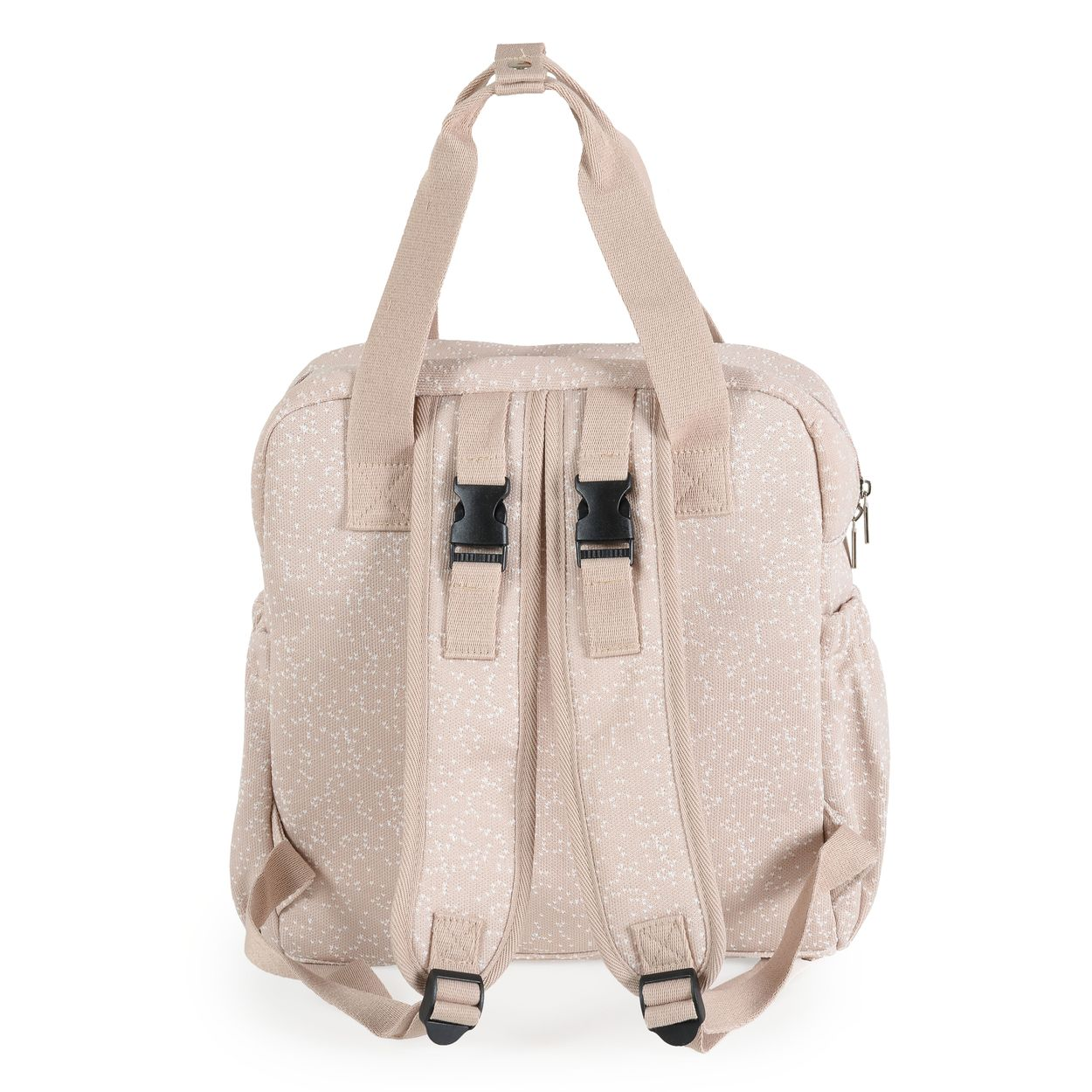 Beige gemusterter Rucksack mit Tragegriffen und verstellbaren Schultergurten auf weißem Hintergrund.