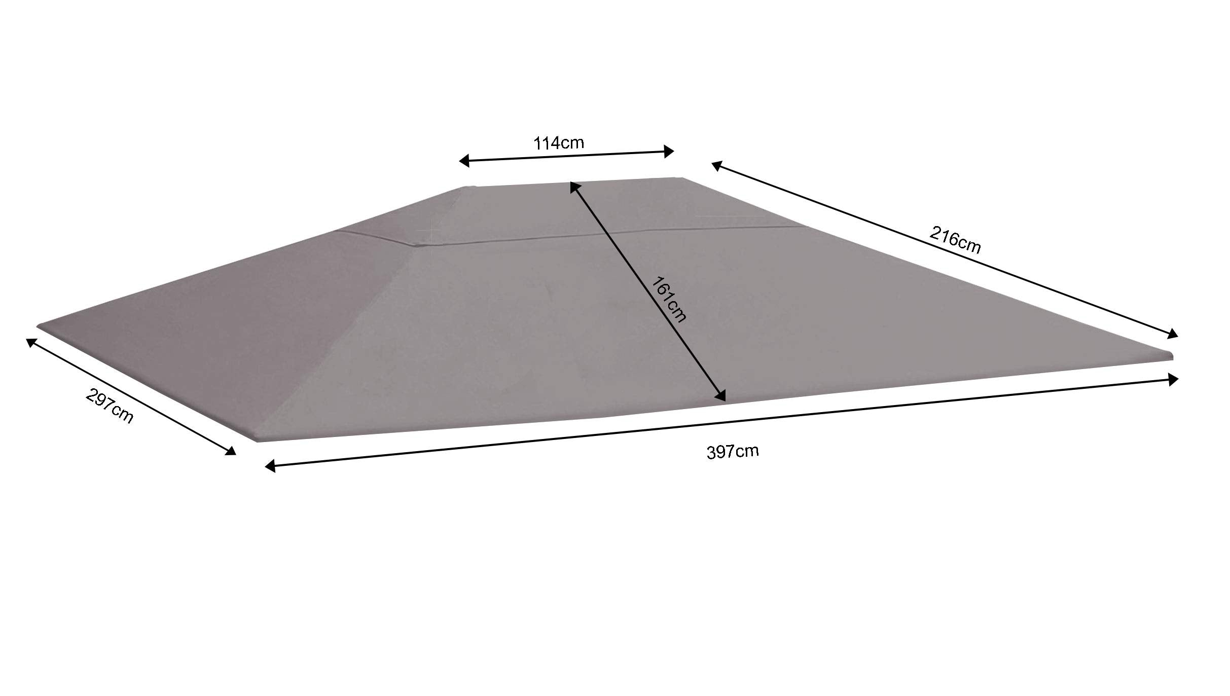 Graue Pavillondach-Ersatzabdeckung mit Maßen von 397x297 cm und 114, 161, 216 cm Kantenlängen.