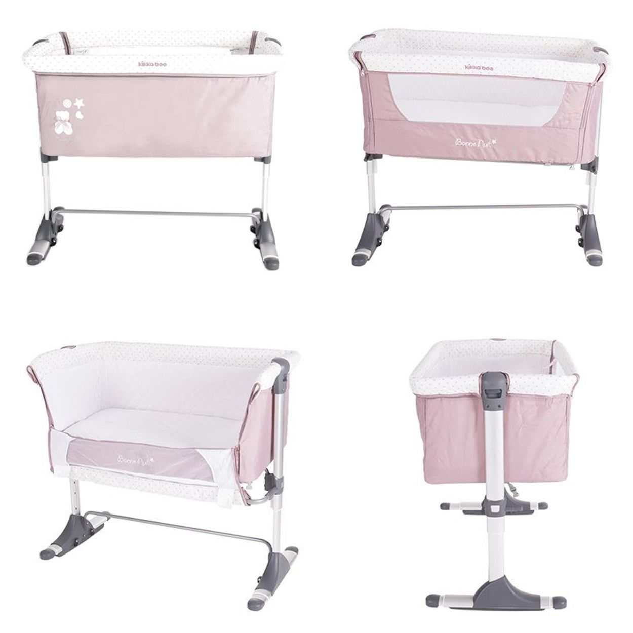Vier Ansichten eines rosa-weißen Babybettchens mit höhenverstellbaren silbernen Beinen und Rädern auf weißem Grund.