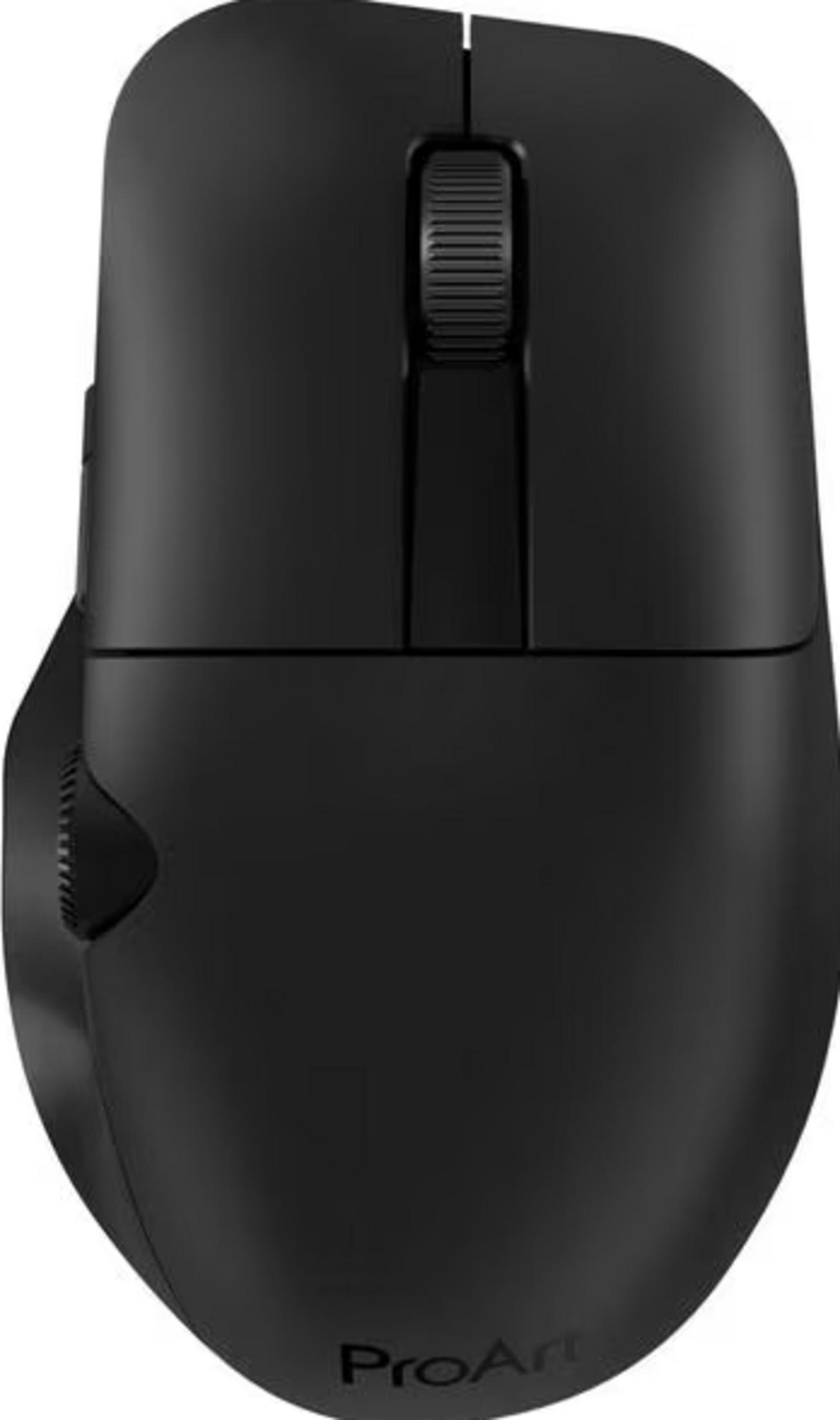 A matte black wireless computer mouse featuring a scroll wheel and a side dial, labeled ProArt.