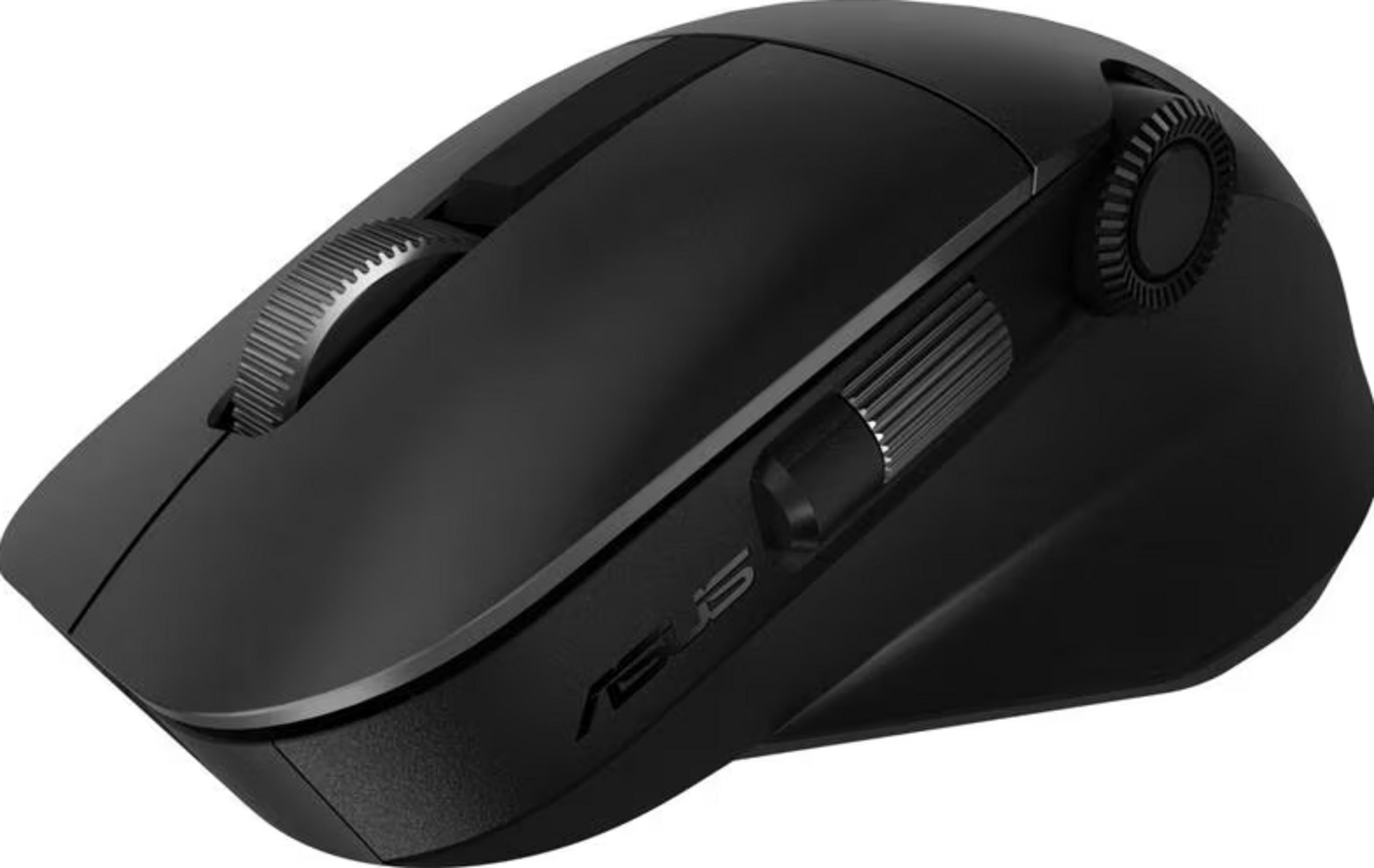 Black ASUS computer mouse with scroll wheels and side button on a white background.