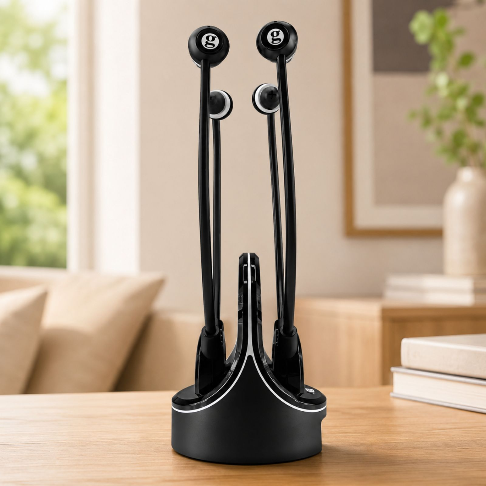 Cuffie nere su una base di ricarica poggiano su un tavolo di legno, con una stanza luminosa sullo sfondo.