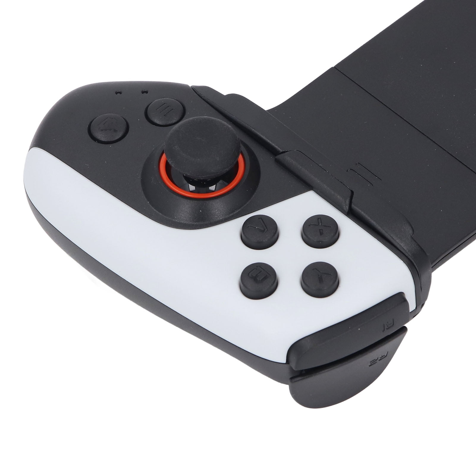 Ein schwarzer und weißer Handheld-Spielecontroller mit Joysticks und Tasten.