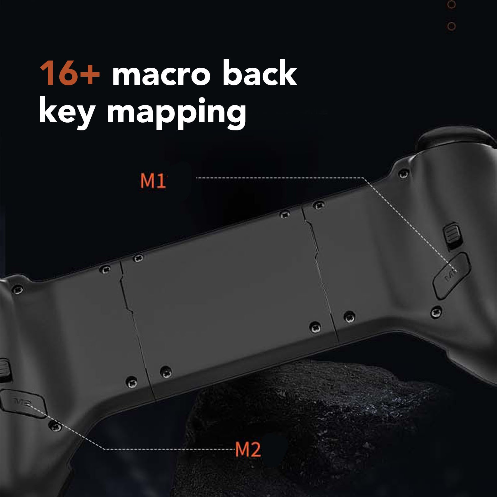 Rückseite eines schwarzen Controllers mit Makro-Tasten und Beschriftung M1 und M2.