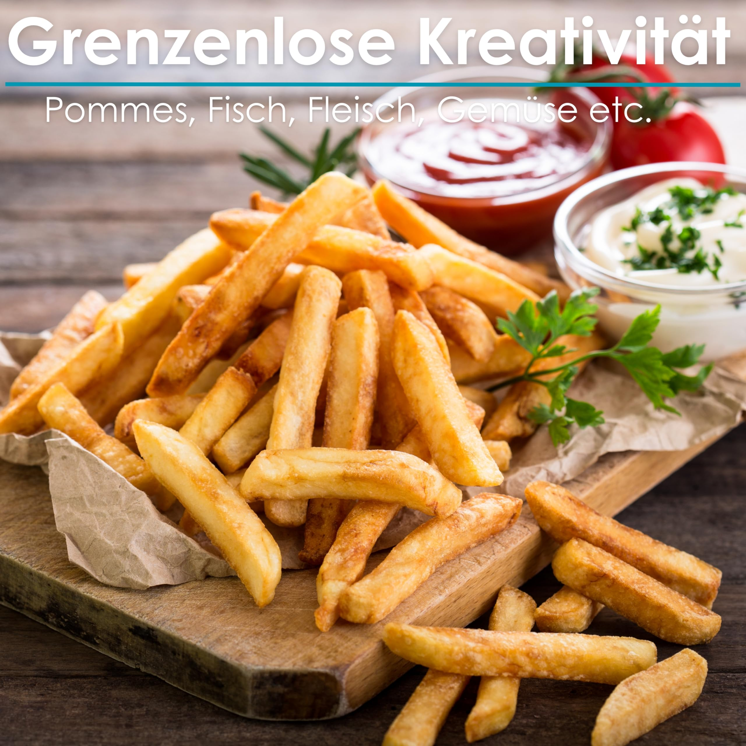 Frites dorées sur une planche en bois avec ketchup, mayonnaise et tomates.