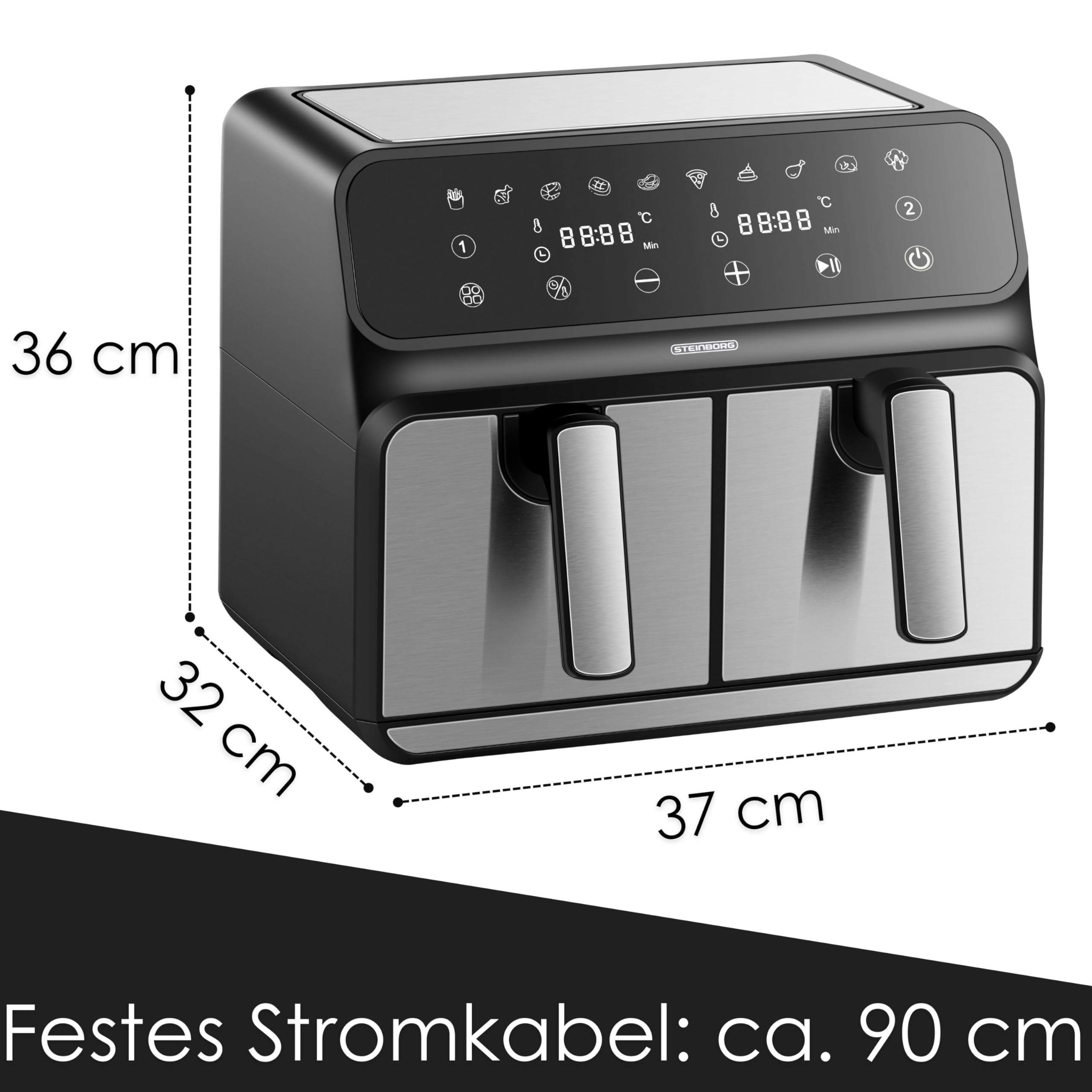 Friteuse à air à double panier noire avec dimensions et écrans tactiles numériques.