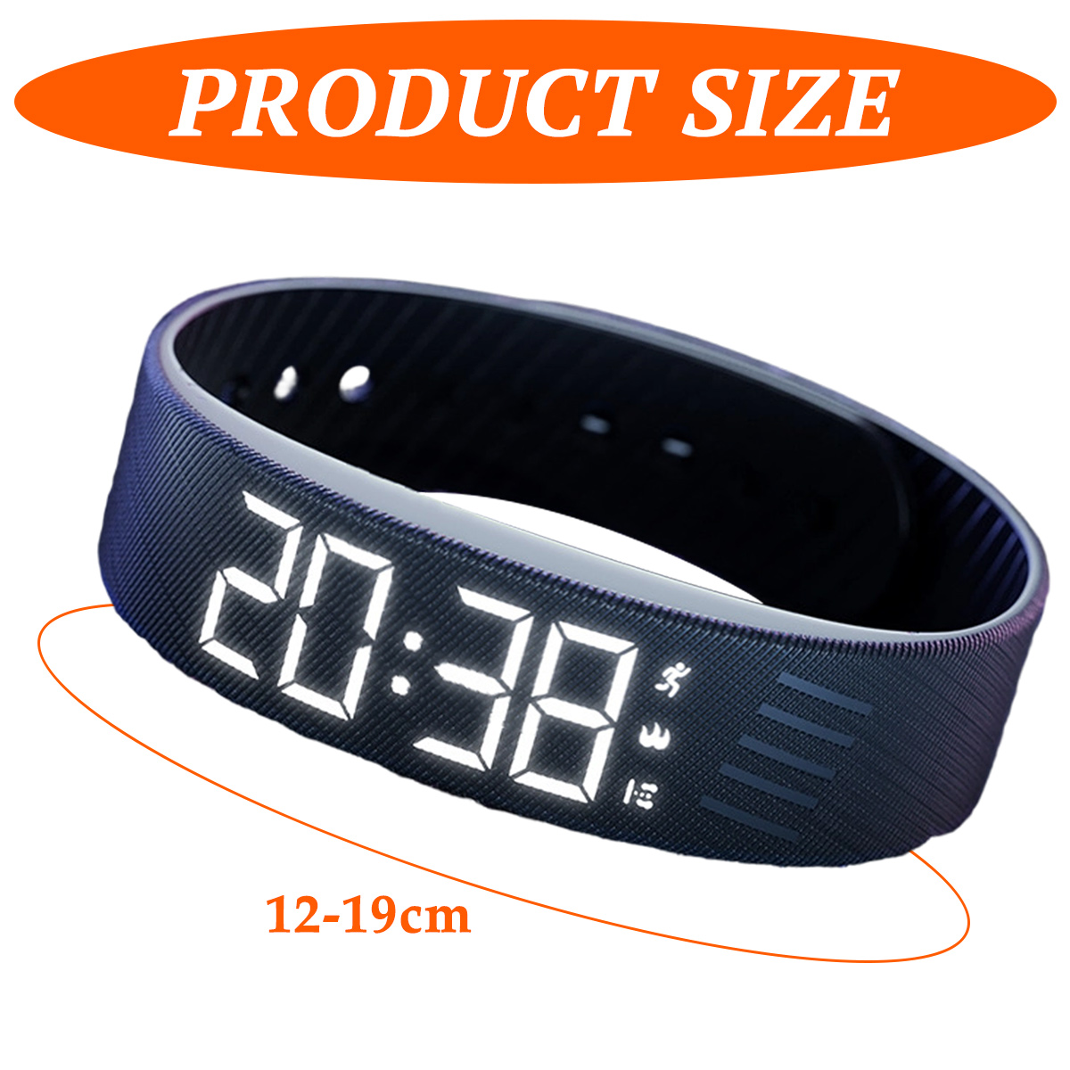 Ein schwarzes Fitnessarmband zeigt die Zeit 20:38, mit Text PRODUCT SIZE und 12-19cm für die Maße.