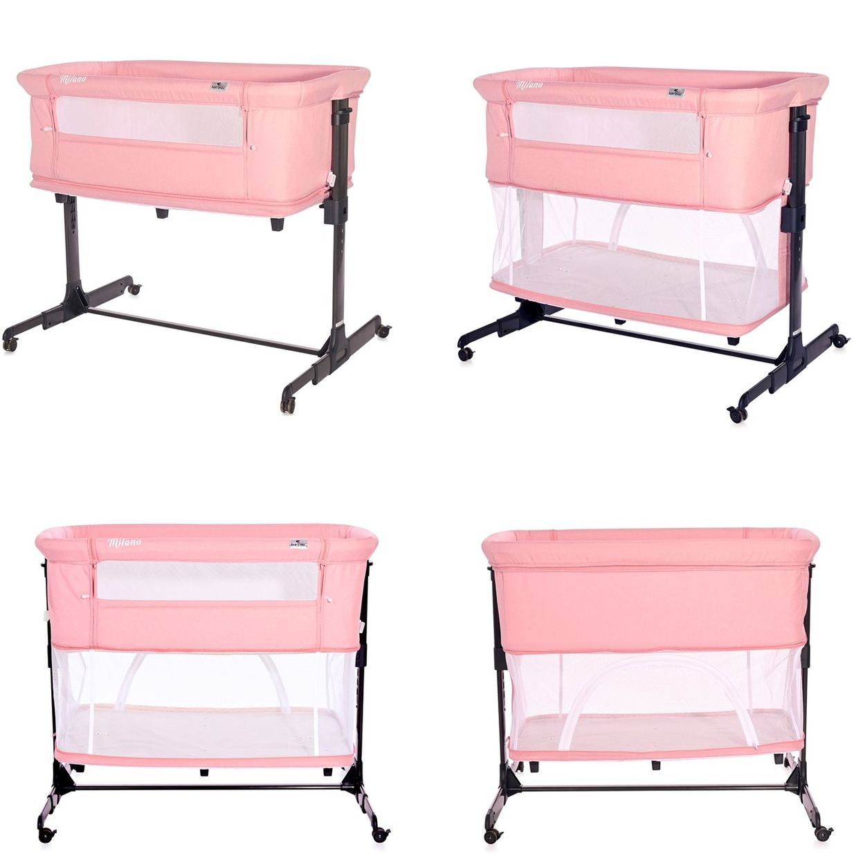 Vier Ansichten eines rosa Babybetts mit schwarzem Gestell und Rollen auf weißem Hintergrund.