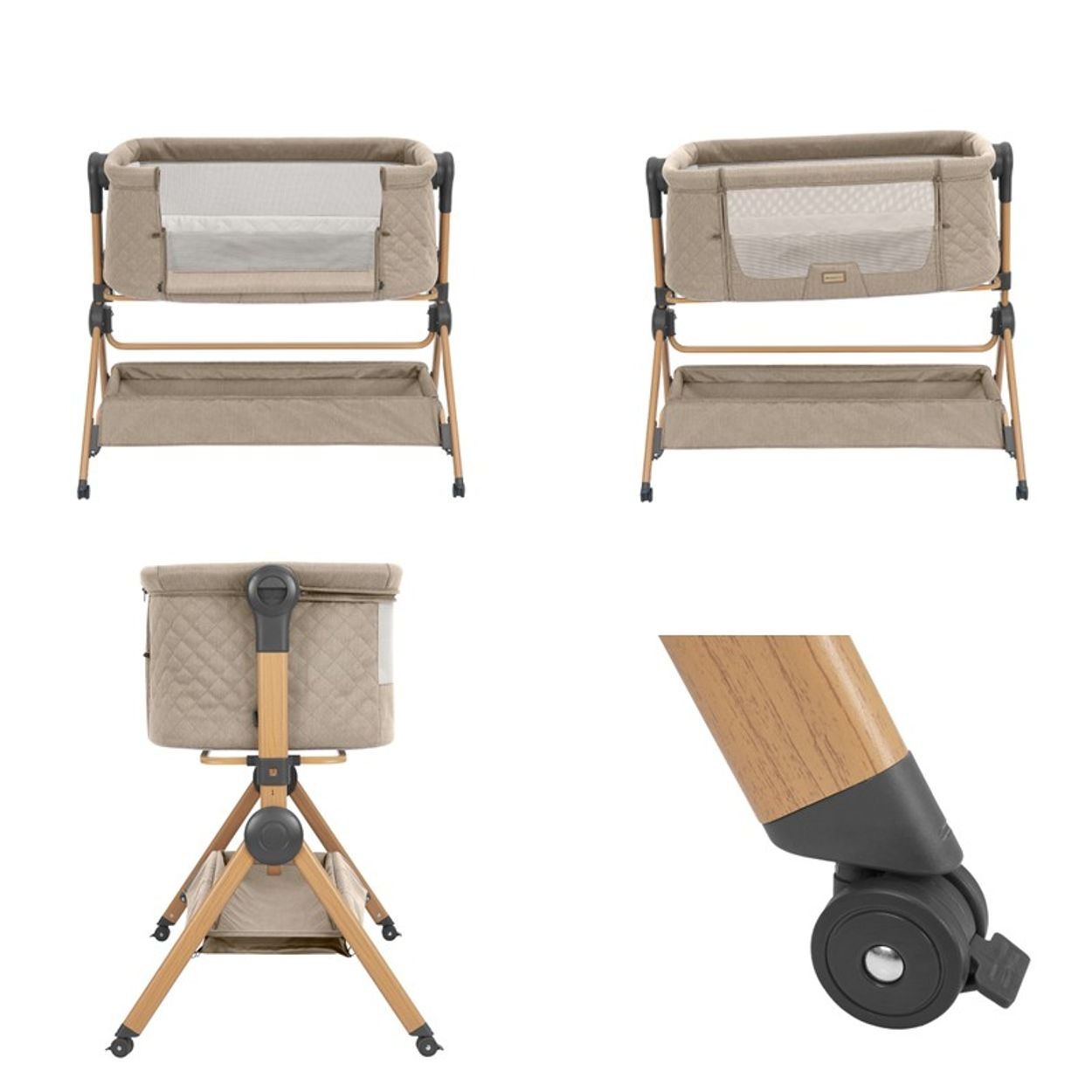 Beige Babywiege mit Holzoptik, Ablagekorb und Rollen aus verschiedenen Winkeln.