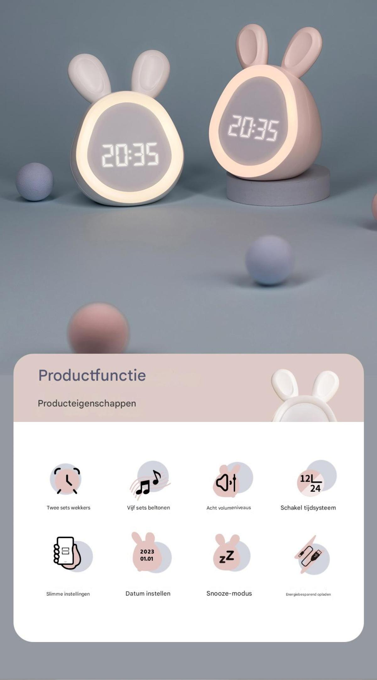 Zwei rosa und weiße Hasenwecker mit digitaler Anzeige und Produktfunktionen darunter auf grauem Hintergrund.