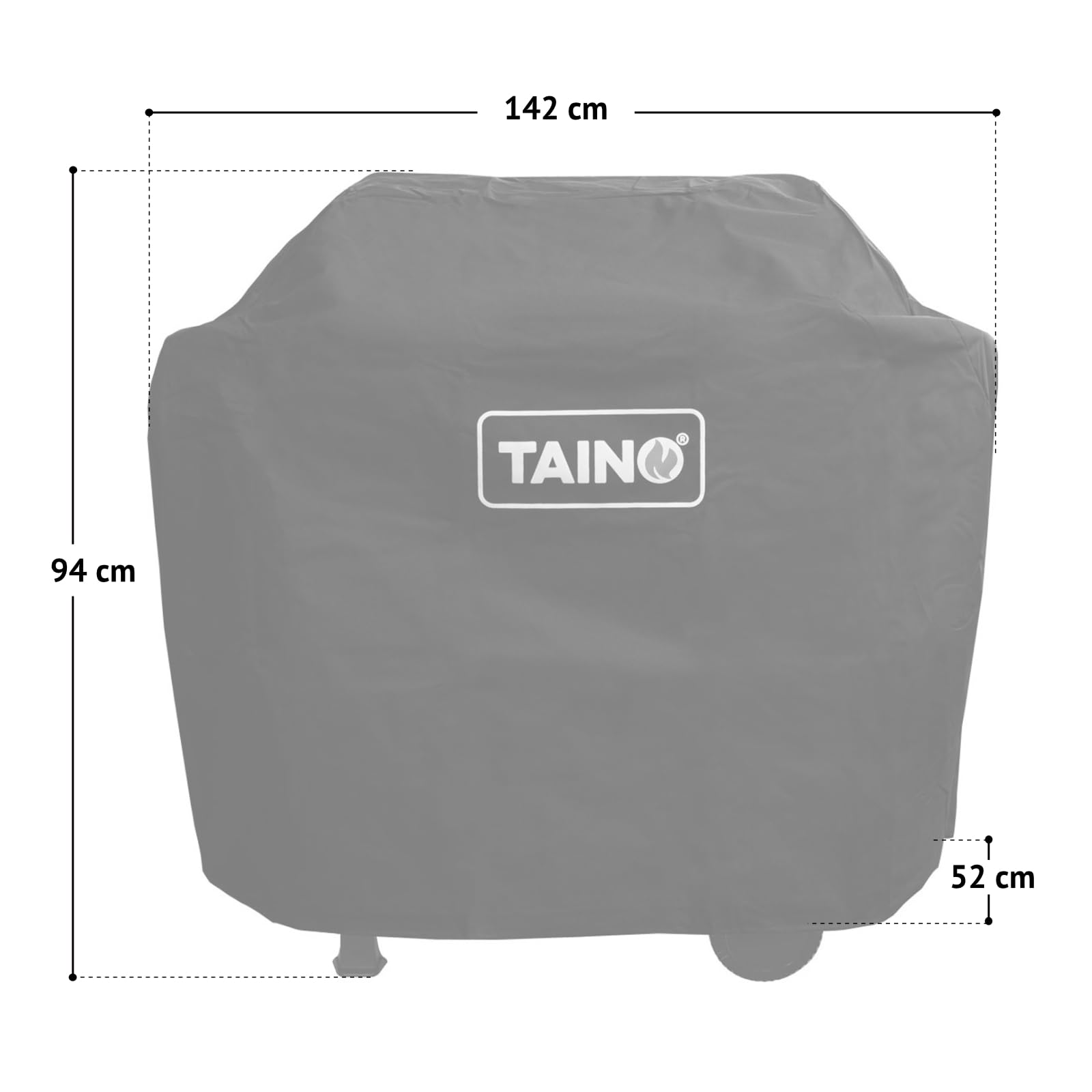 Graue TAINO Grillabdeckung mit Maßangaben von 142 cm Breite, 94 cm Höhe und 52 cm Tiefe.