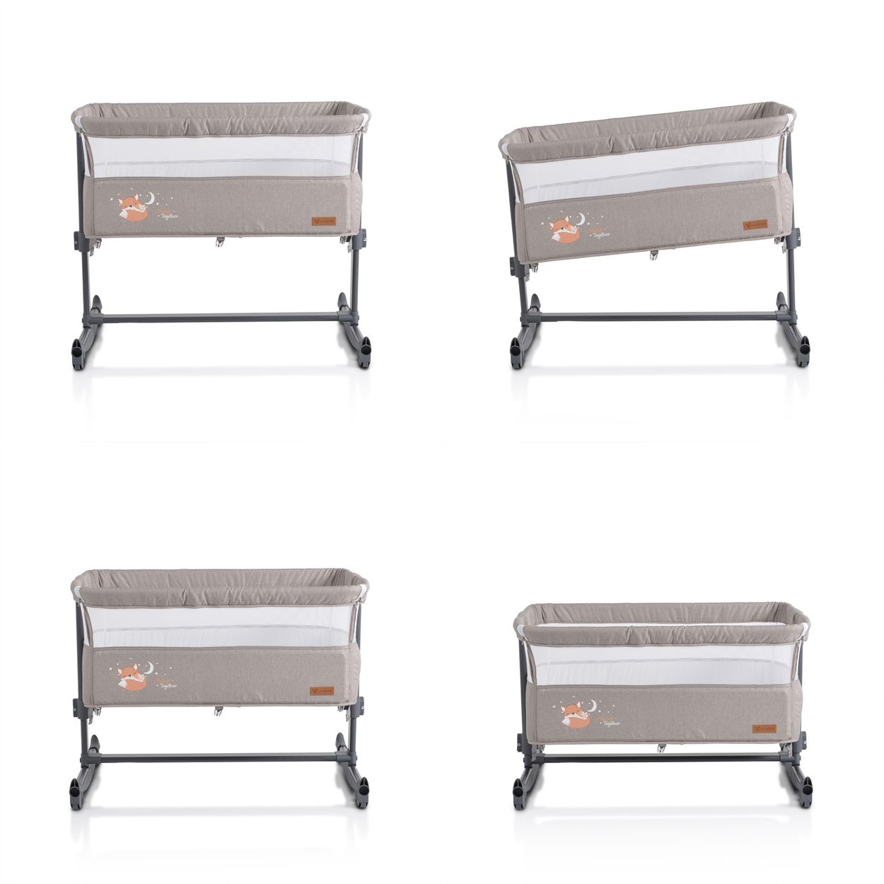Vier Ansichten eines beigen Babybetts mit Mesh-Fenster und Fuchsmotiv auf grauem Metallgestell.