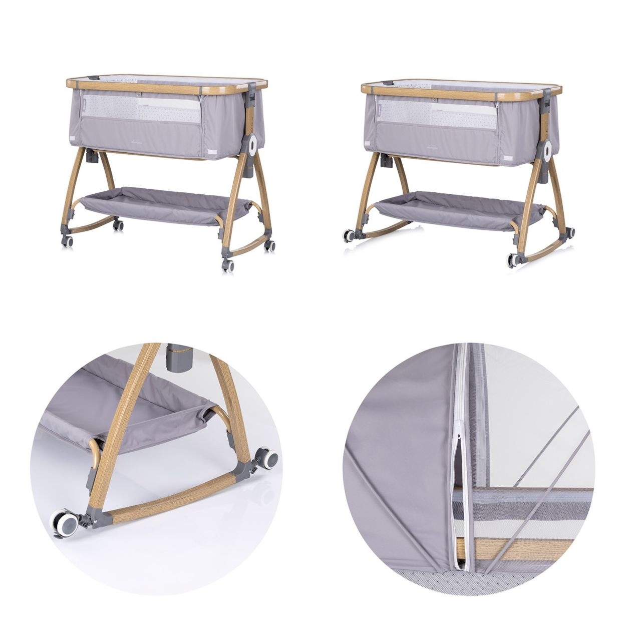 Graues Babybett mit Holzrahmen, Ablage und Rollen, mit Nahaufnahmen von Fuß und Reißverschluss.