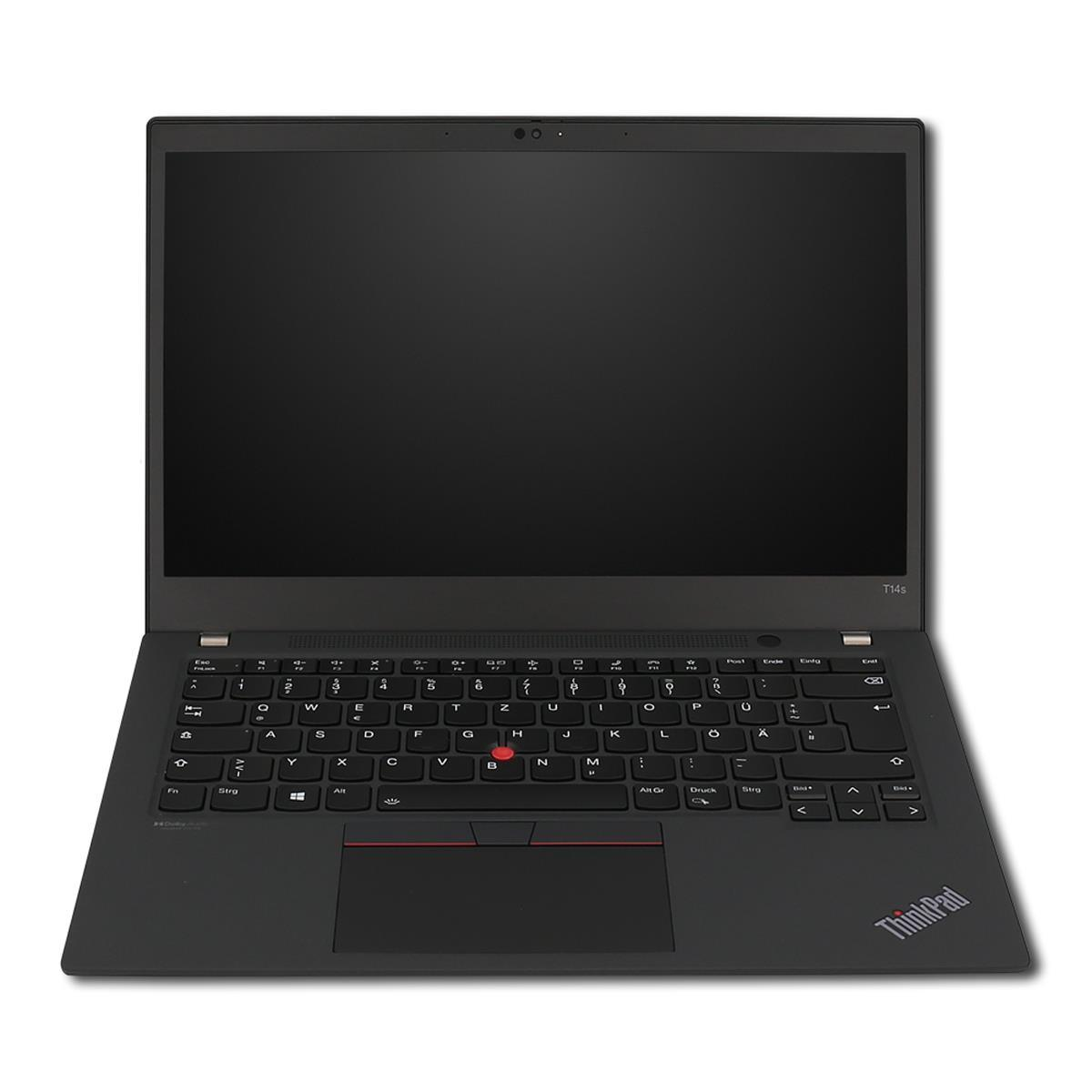 Ein offener schwarzer Lenovo ThinkPad Laptop auf weißem Hintergrund mit beleuchteter Tastatur.