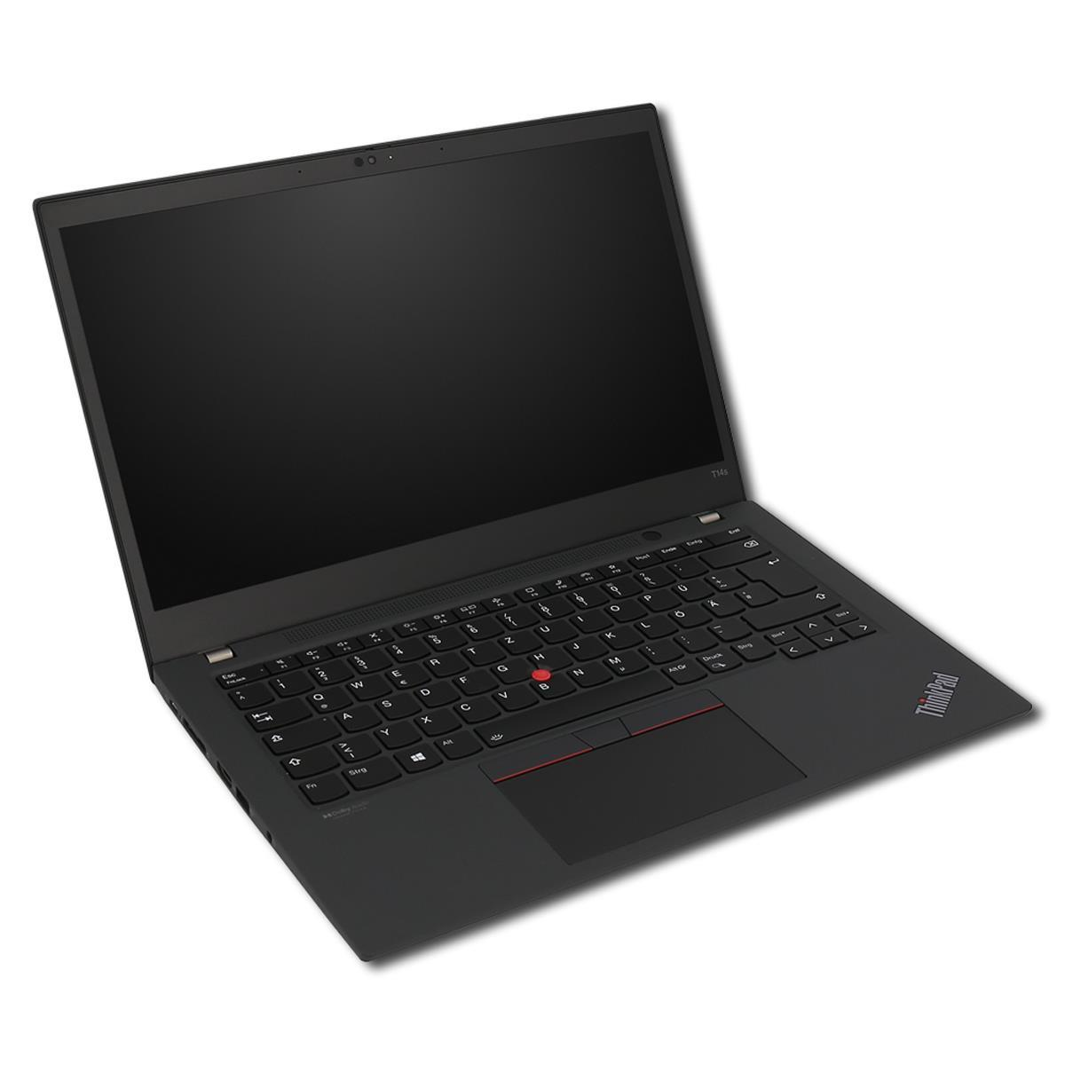 Ein offener schwarzer Lenovo ThinkPad Laptop steht auf einer weißen Oberfläche mit sichtbarer Tastatur und Bildschirm.