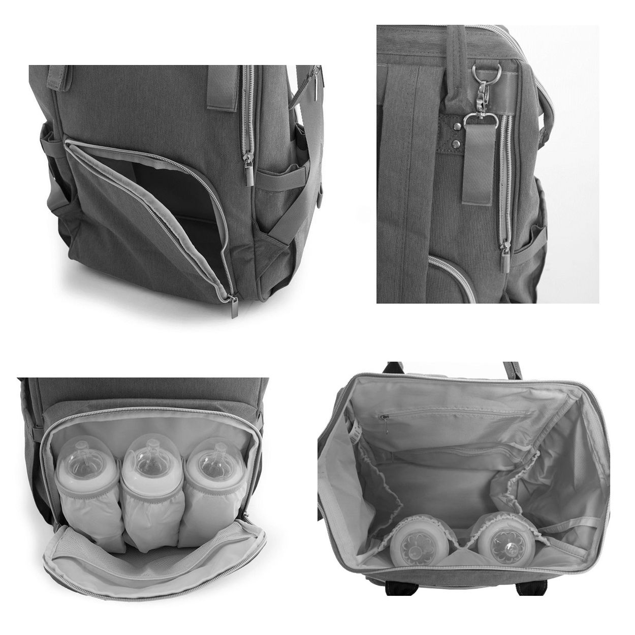 Grauer Rucksack mit mehreren Fächern, Reißverschlüssen und Flaschenhaltern.