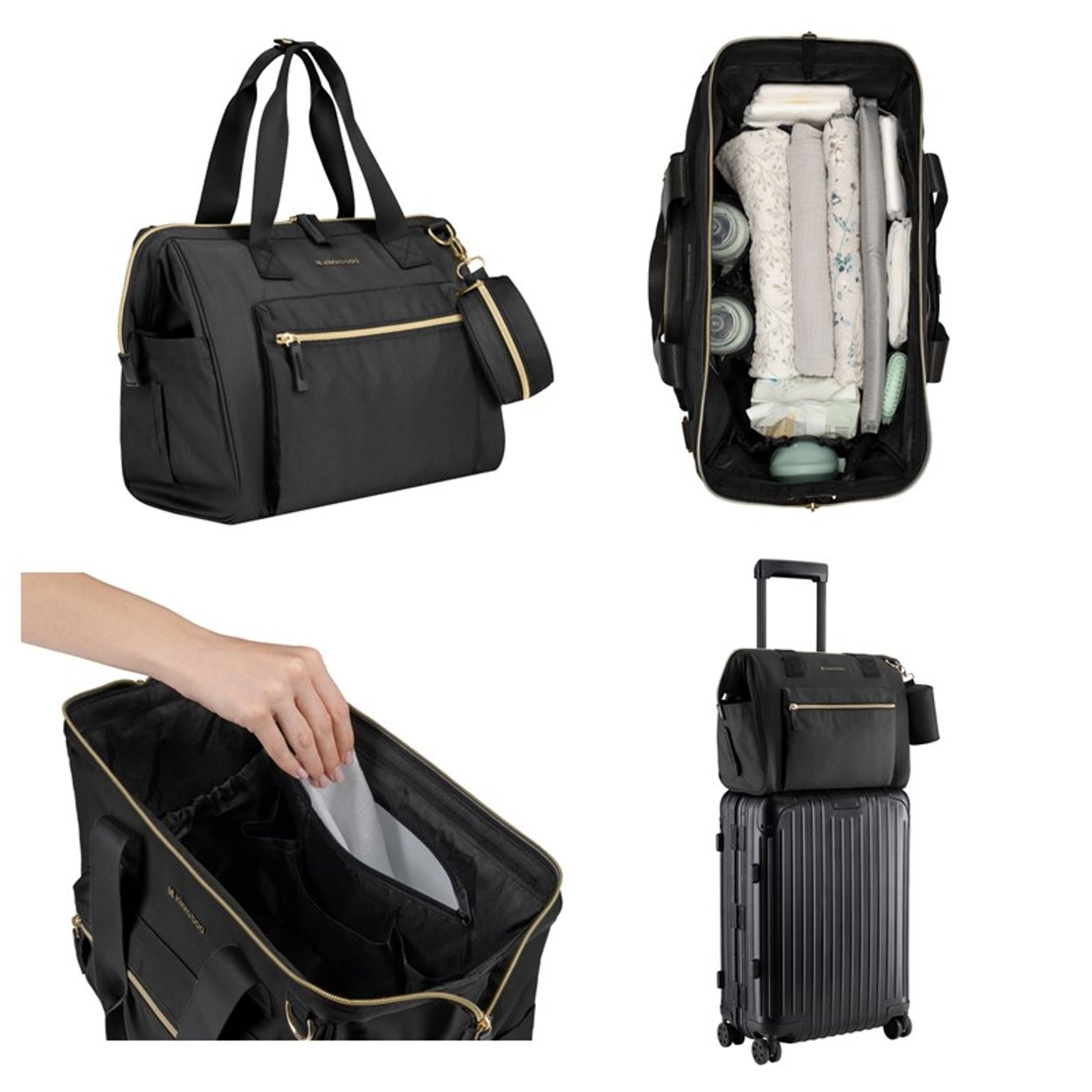 Schwarze Wickeltasche mit goldenen Details, offen mit Babyartikeln und auf einem Koffer.