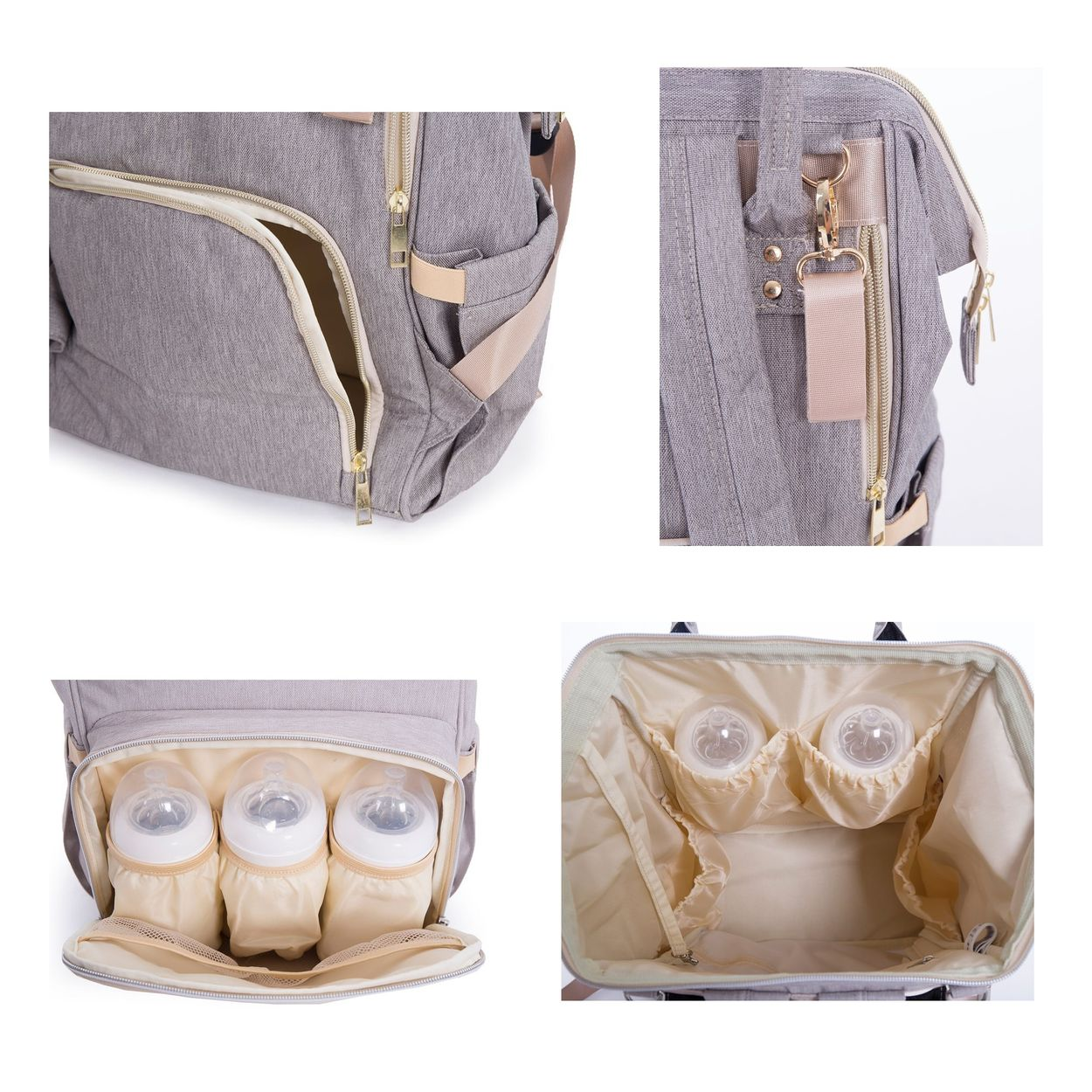 Graue Wickeltasche mit beigen Akzenten, isolierten Flaschenfächern und Reißverschlüssen.